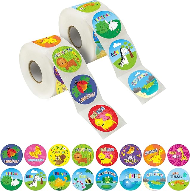 1200 Teacher Reward Encouragement Motivational Spanish Espanol Sticker in 16 Animal Designs for Teachers, Classroom Use, (Each Measures 1.5" in Diameter)