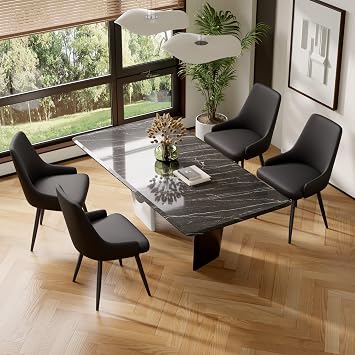 Modern Dining Chairs Set of 4, Spacious Dining Room Chairs with Thick Cushion, Comfortable Faux Leather Upholstered Dining Chairs with Metal Legs for Dining Room, Black