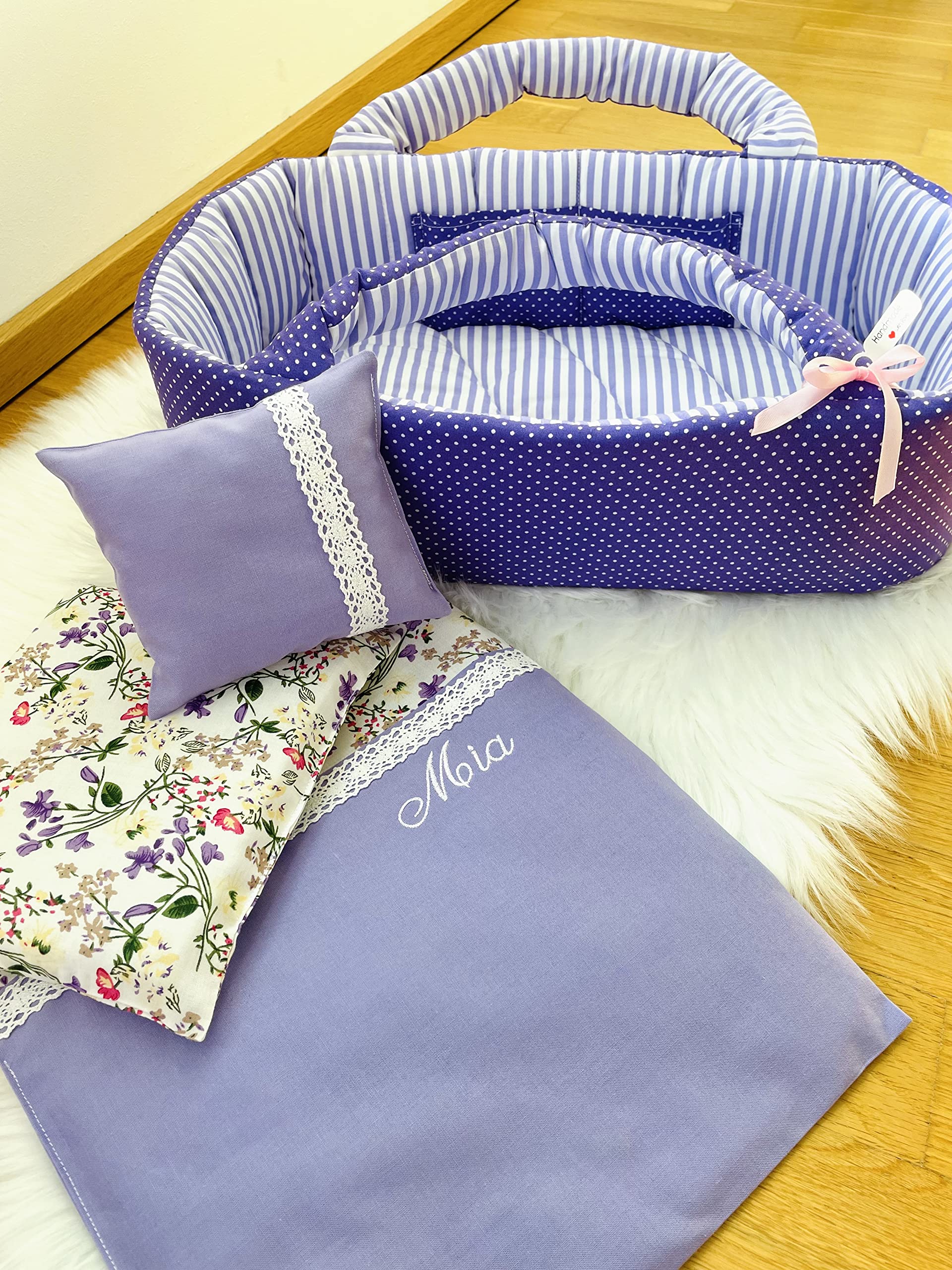 Puppentragetasche für Puppen 30-35cm mit Bettwäsche, Lila, Personalisierung, Waschbar