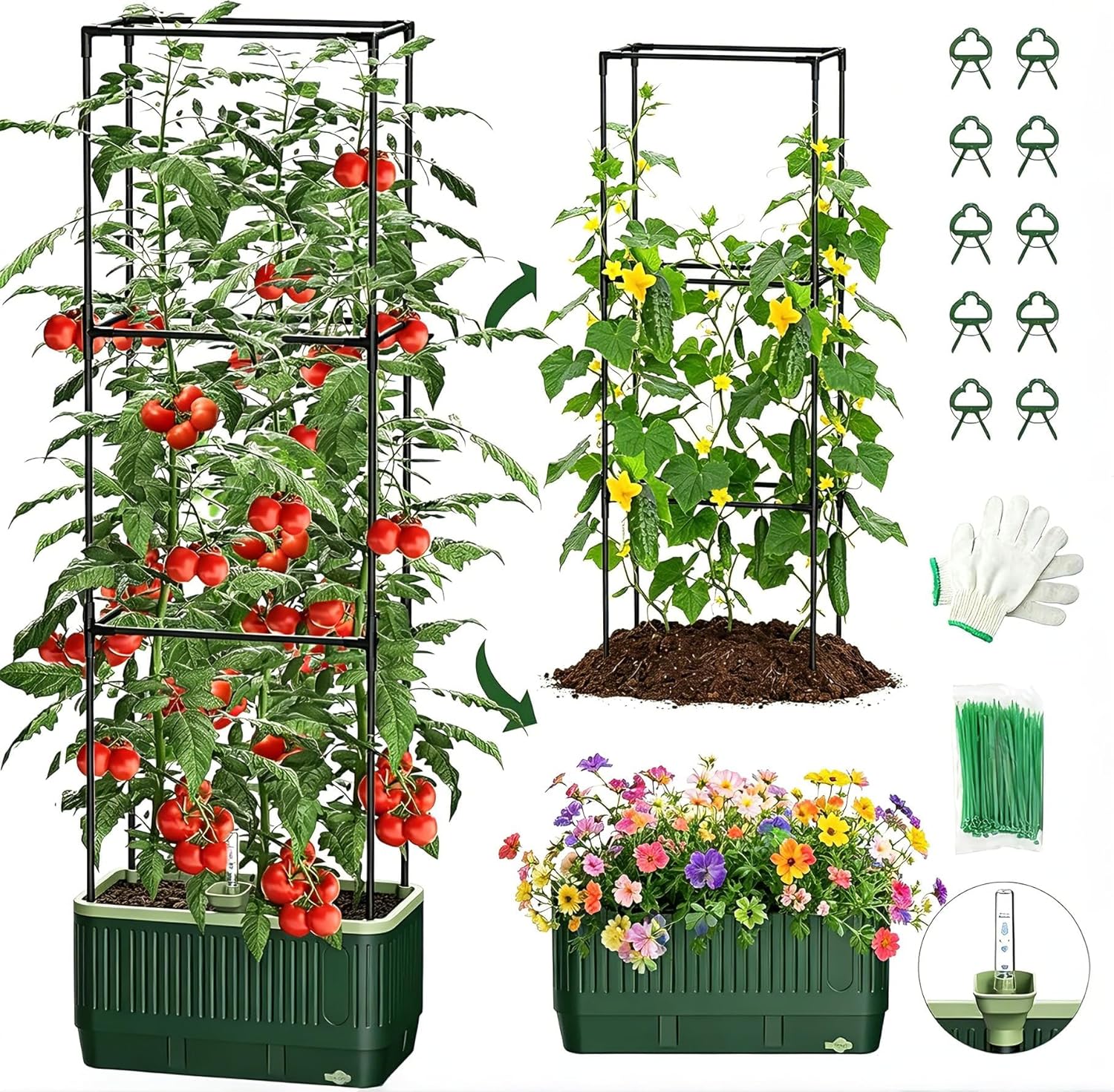 Tomato Planter with Trellis, Self Watering Planter Box with Trellis, Vertical Raised Garden Bed Planter for Climbing Vegetables Indoor Outdoor Patio