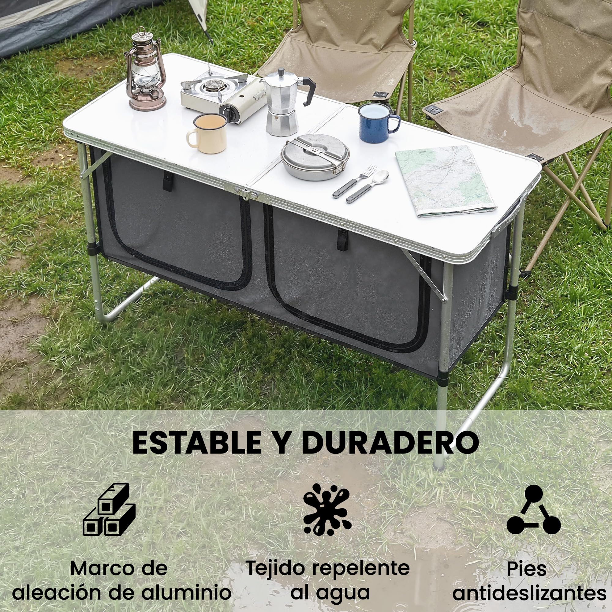 Outsunny Mesa de Cocina de Camping Plegable, Mueble de Cocina de Camping Portátil con Armario de Tela Oxford, Marco de Aluminio, para Picnic, BBQ y Actividades al Aire Libre, 120x47x70 cm, Plateado