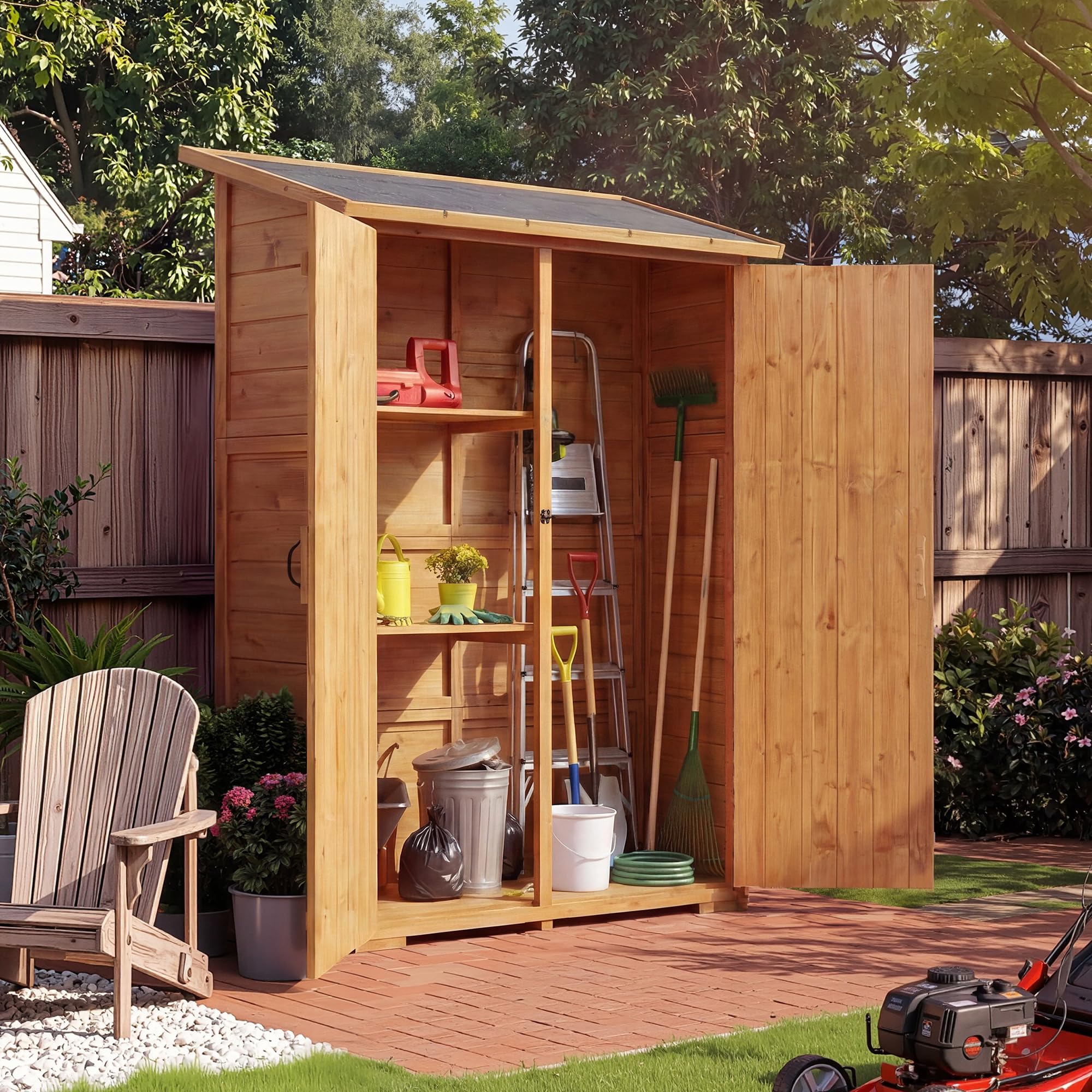 Photo 1 of *** SEE COMMENTS***   Outdoor Storage Cabinet with 2 Shelves & Lockable Doors- Wooden Garden Shed with Floor and Waterproof Roof for Patio, Backyard, Deck, Lawn Organization Tall Wood Tool Shed, Large Storage Space