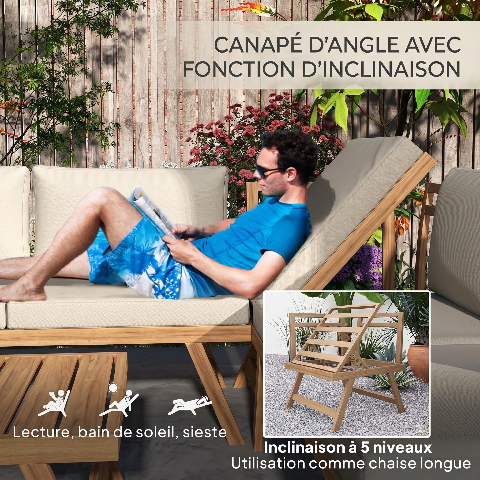 Outsunny Salon de Jardin Extérieur d'angle et Convertible 4 Pièces Beige | Mobilier de Jardin pour Terrasse Balcon, 2 Banquettes, 1 Fauteuil d'Angle, 1 Table Basse, Aluminium et Acier