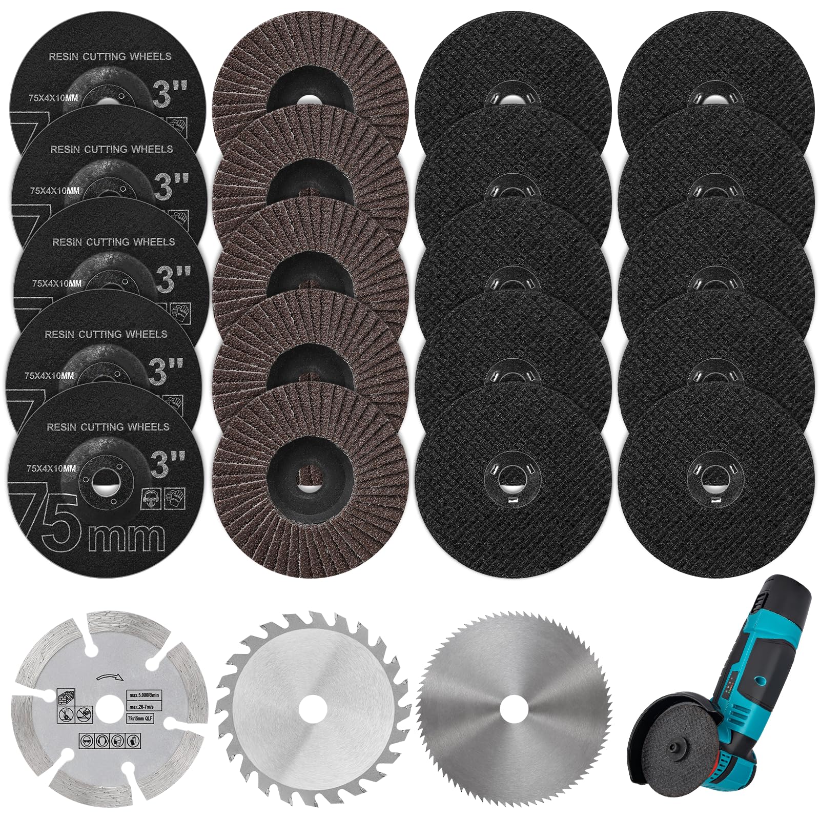 Set di 23 dischi da taglio e a ventaglio, 75 mm, 75 x 1,2 x 10 mm, dischi da taglio per piccole Flex, mini smerigliatrice angolare per levigare, tagliare e lucidare metallo, legno, pietra e plastica