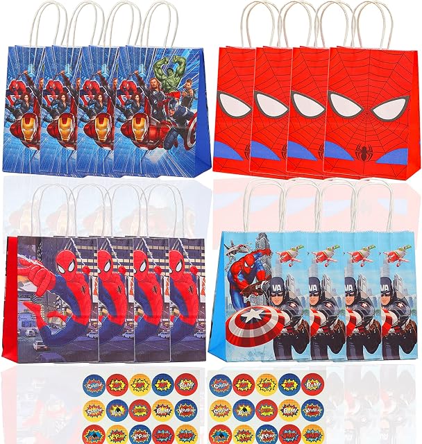 16 PCS Superhero Party Bags Superhero Party Goodie Bags with 30 Superhero Theme Stickers, Treat Candy Bags for Superhero Themed Birthday Party Supplies