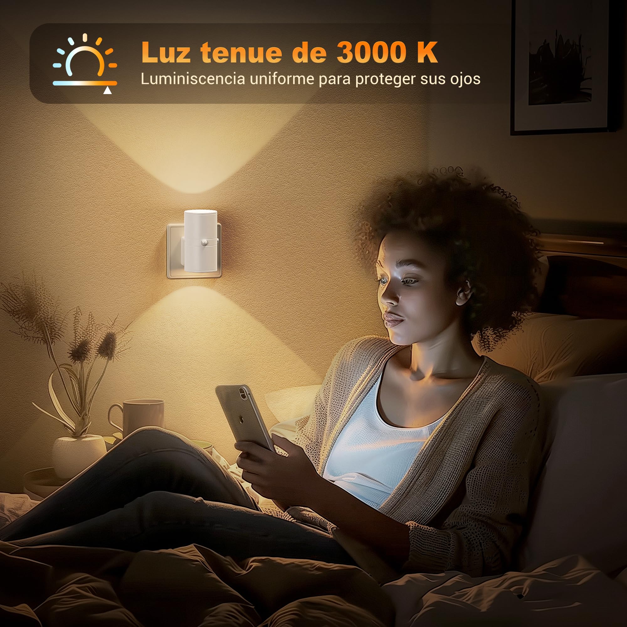 JandCase Luz Nocturna con Sensor de Movimiento, Luz Nocturna Enchufe Brillo Ajustable 0-100 lm, 3 Modos (ON/AUTO/OFF), Luce de Noche Infantil 3000K Blanco Cálido, Lampara Noche Enchufe para Pasillos