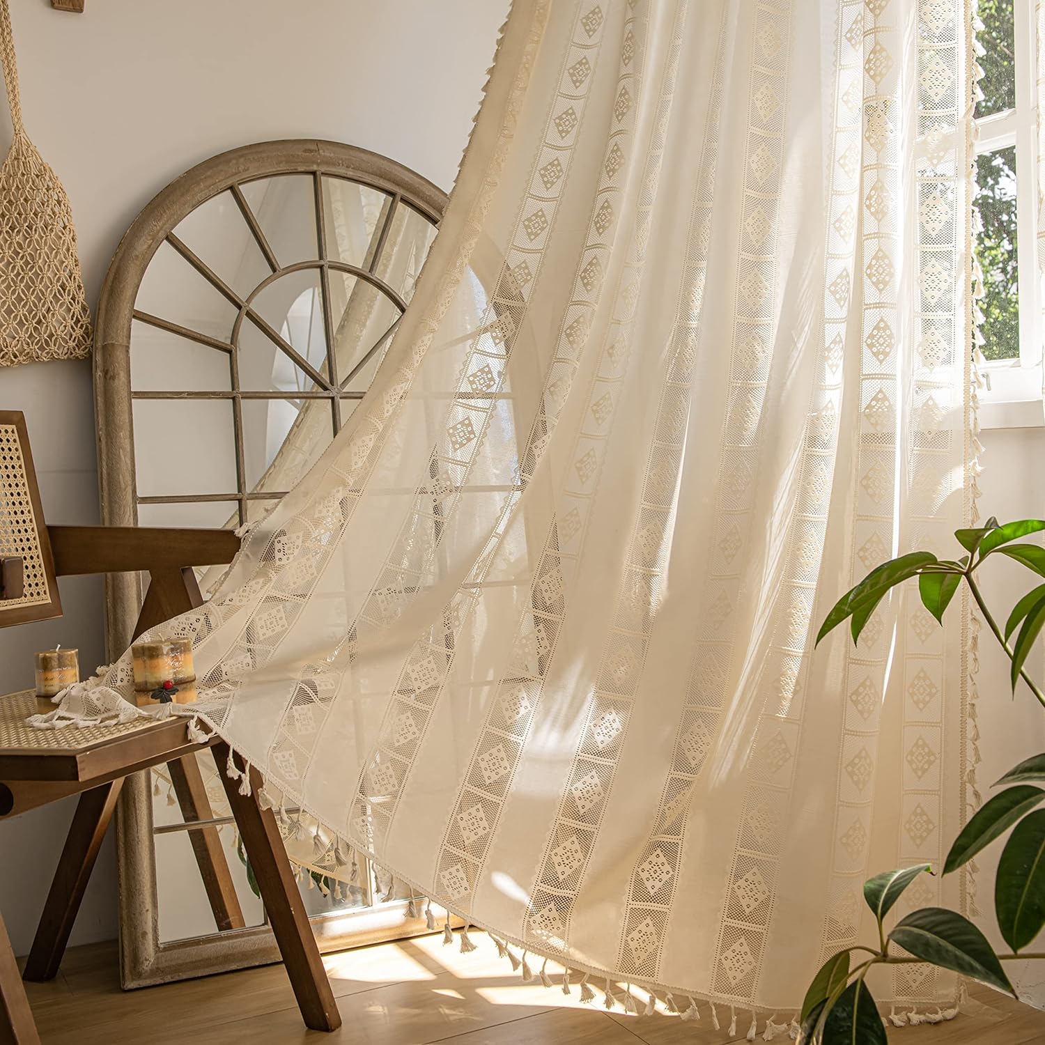 Sutuo Home Boho Curtains 2 Panels Crochet Lace Patchwork Semi-Blackout Bohemian Handmade Tassels, Rod Pocket Window Treatment Vintage Rustic Farmhouse Drapes for Living Bedroom, 52" W x 84" L, Cream