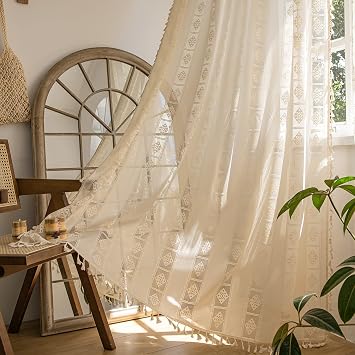 Sutuo Home Boho Curtains 2 Panels Crochet Lace Patchwork Semi-Blackout Bohemian Handmade Tassels, Rod Pocket Window Treatment Vintage Rustic Farmhouse Drapes for Living Bedroom, 52" W x 96" L, Cream