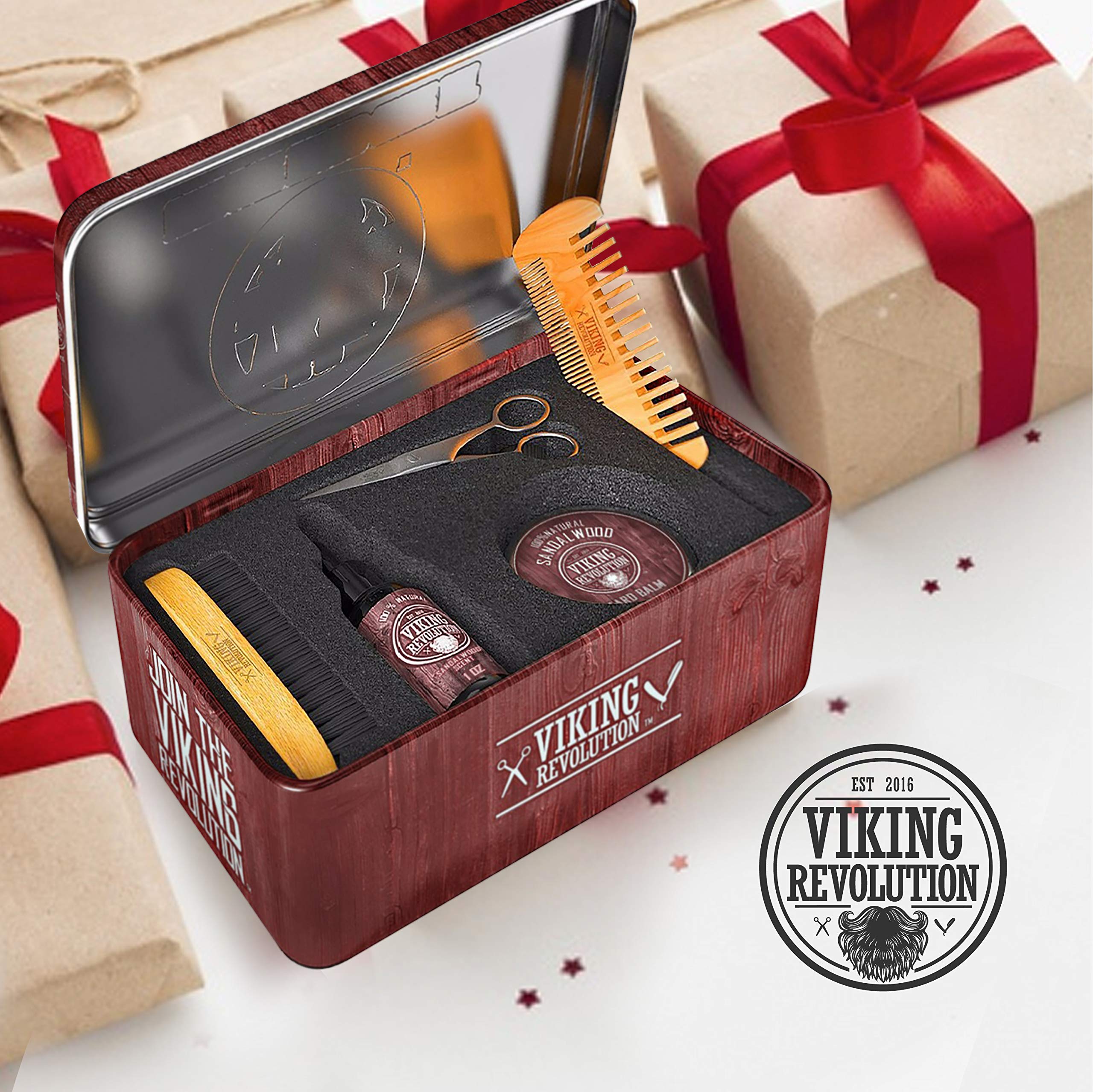 Viking Revolution - Kit Barbe Homme - Brosse en Poils de Sanglier, Peigne, Baume & Huile, Ciseaux pour Barbe & Moustache - Cadeau Homme - Bois de Santal