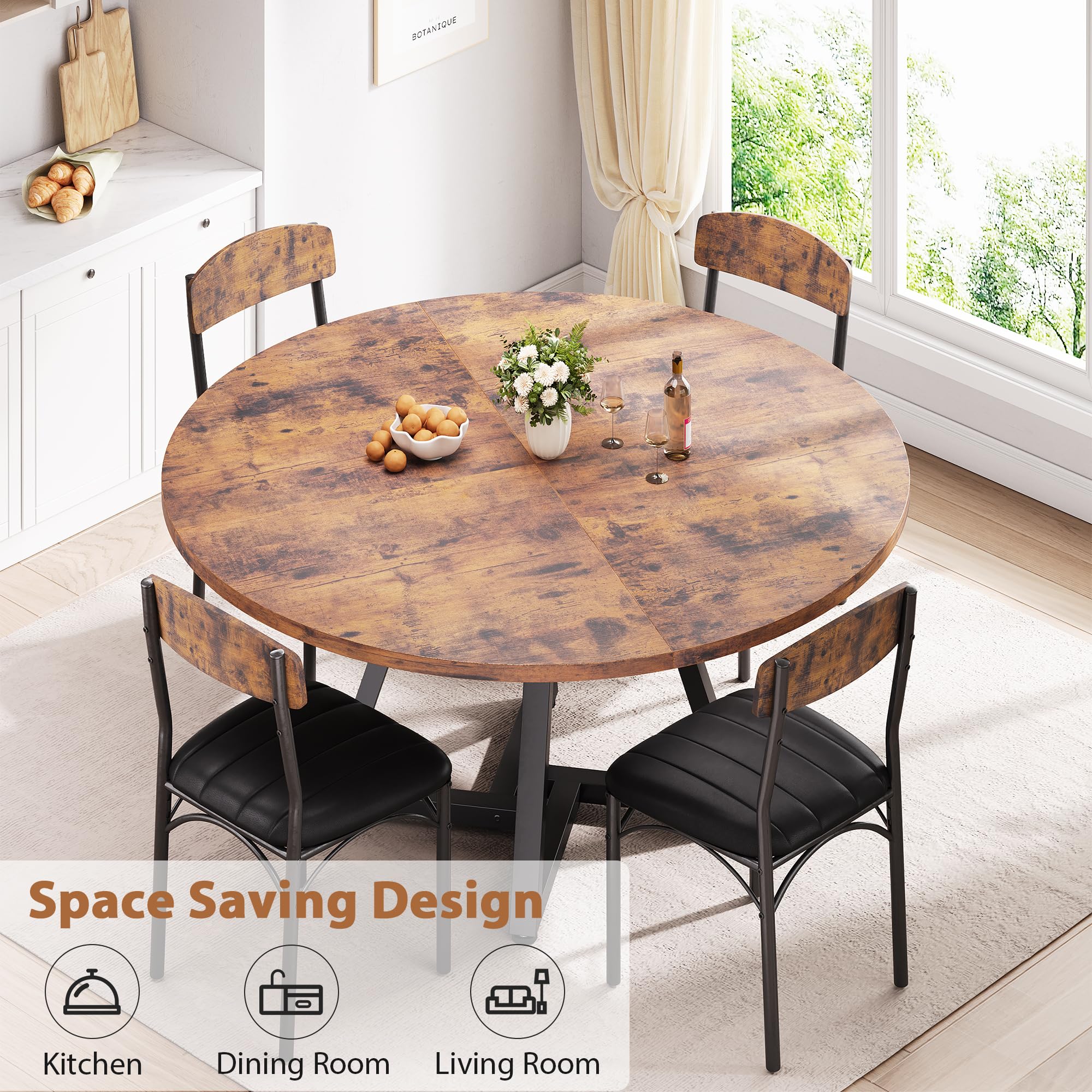 Esstisch Runder und 4 Esszimmerstühle Set, Essgruppe 5-Teilig, Küchentisch mit stabilem Metallgestell und 4 stühle, platzsparender Esszimmertisch aus Holz im Industrial Design (Vintage Braun, 107cm)