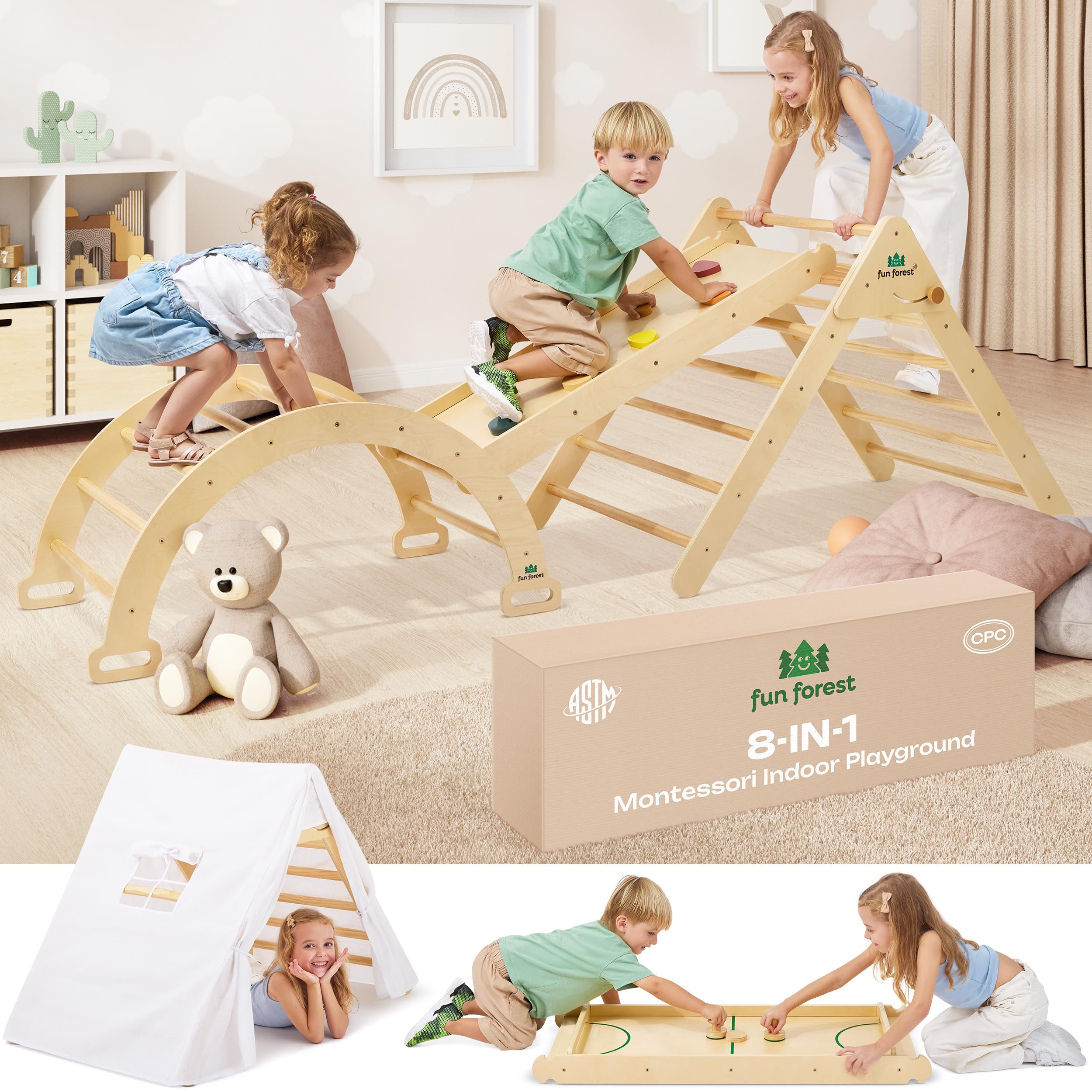 FUN FOREST 8-in-1 Pikler Triangle Set, Real Wood Montessori Climbing Set, Foldable Toddler Climbing Toys Indoor, Baby Climbing Gym: Arch, Ramp, Ladder, Tent, Hocky Table
