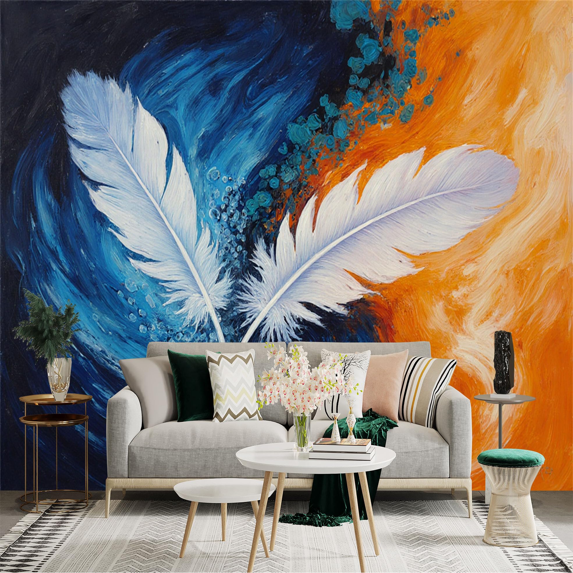 Custom Size Wall Sticker Mural， White Feathers with Abstract Blue and Orange Swirls， Artistic Oil Painting Style， for wall Decoration， peelandstick wall Decals.