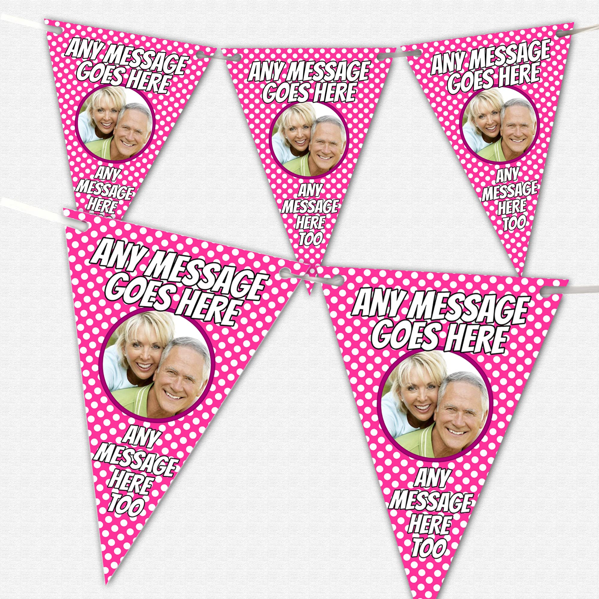 24 x Personalised Pink Polka Dot Bunting With Photo And Text Of Your Choice - Large Triangle Flags including Ribbon For Banner - Birthdays, Weddings, Stag Dos Hen Parties 18th 21st 30th 40th 50th 60th