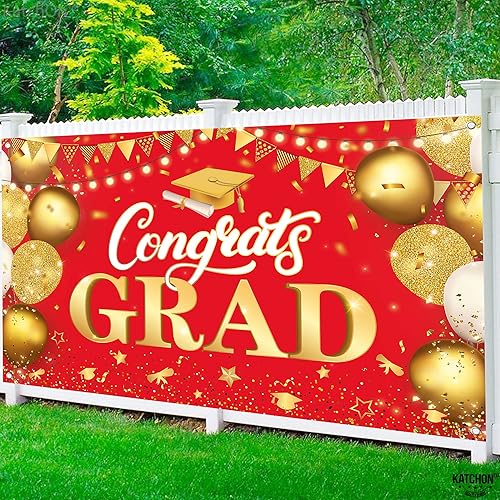 Miniatura 9 de KatchOn, Juego de globos dorados de graduación 2023, gigantes con decoración de pancarta de graduación roja  Decoraciones de graduación de clase de