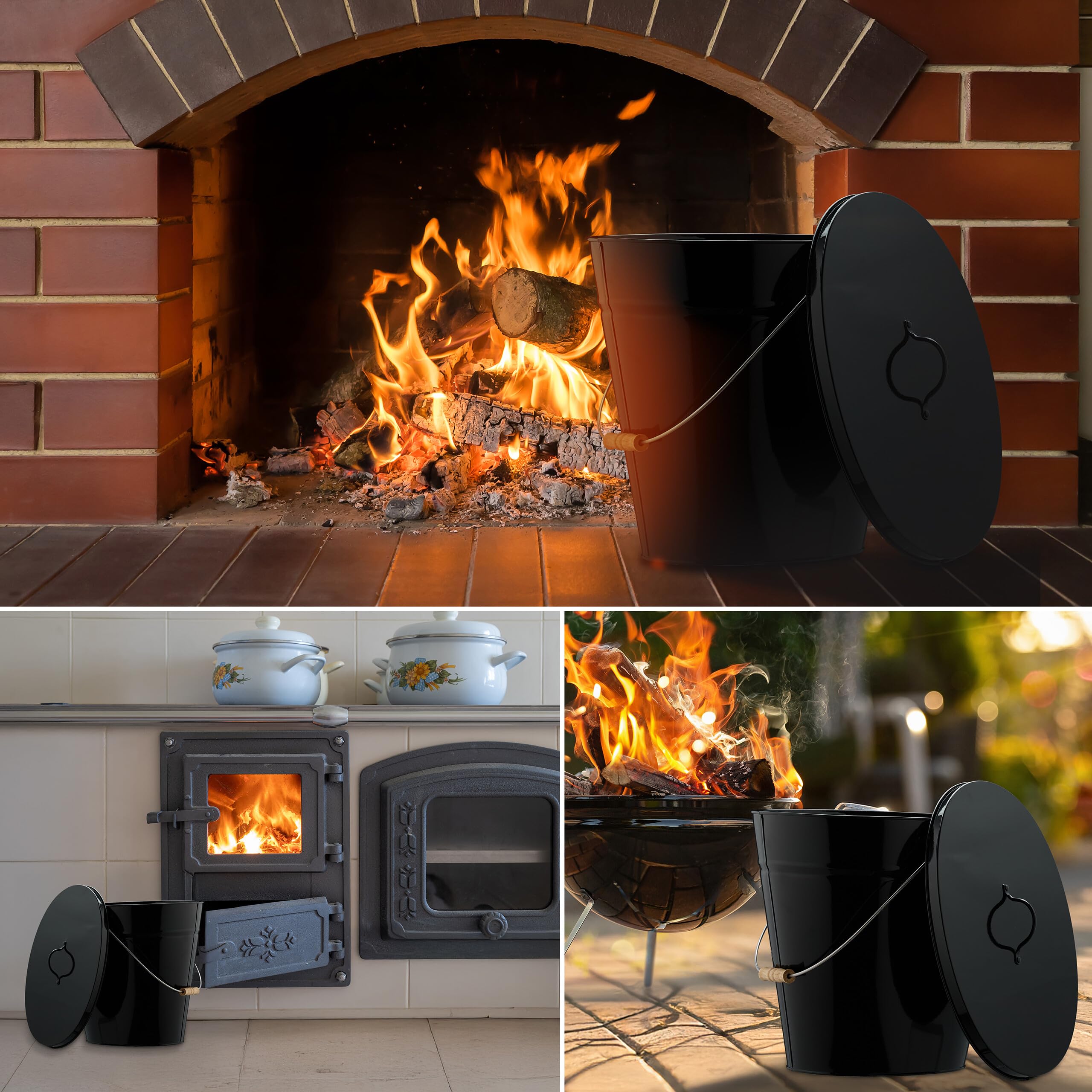 Relaxdays Secchio Raccogli Cenere con Coperchio, Cestello 18,5 L per Carbone e Bricchetti Camino e Stufa, Acciaio, Nero