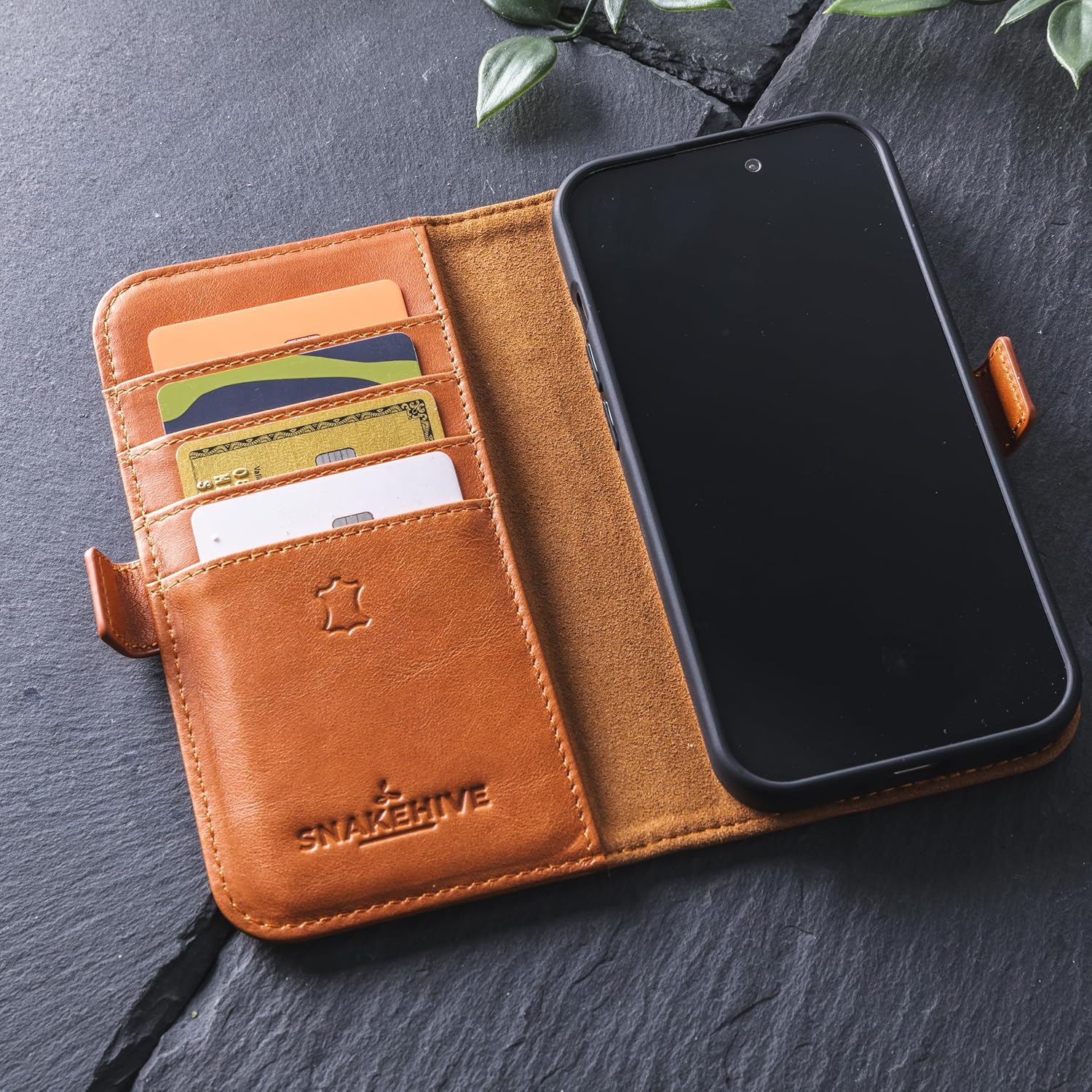 Snakehive Leather Wallet for iPhone 15 - Real Leather Wallet Phone Case - Genuine Leather with Viewing Stand and 4 Card Holder - Side Clasp Flip Folio Cover with Card Slot (Smooth Tan)