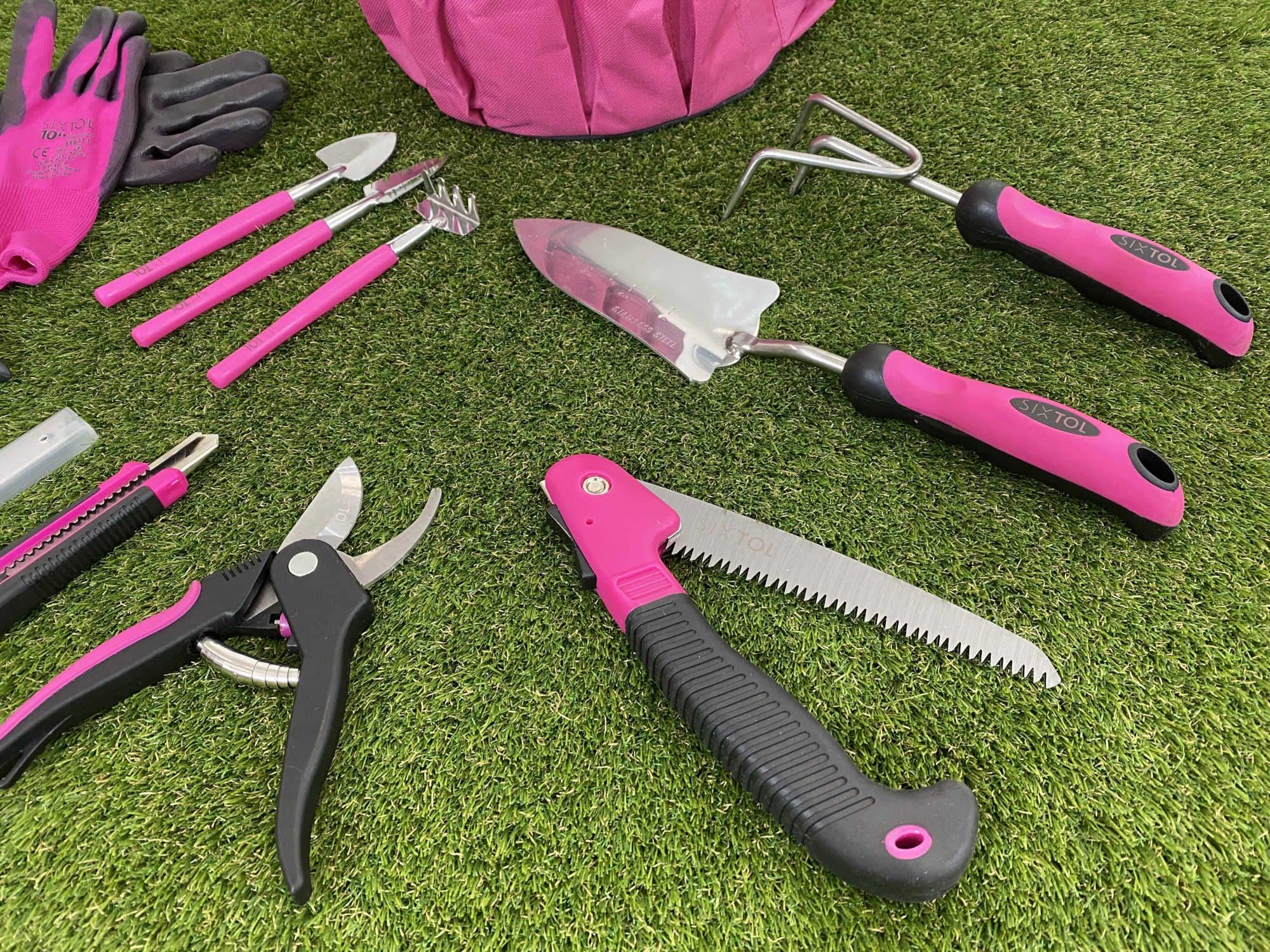 Garden PINK - Set di 10 attrezzi da giardino, 10 pezzi, accessori da giardino in acciaio inox, pratica borsa da giardino come regalo per donne, per giardinieri e donne