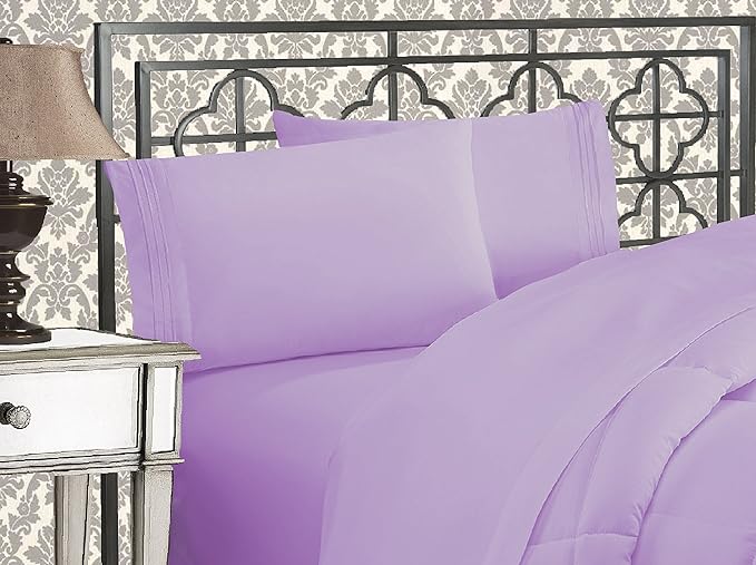 Elegant Comfort Luxurious 1500 Premium Hotel Quality Microfiber Three Line Embroidered Softest 4-Piece Bed Sheet Set, Wrinkle and Fade Resistant, Twin/Twin XL, Lavender