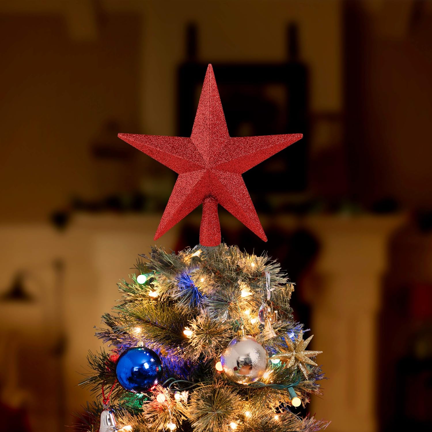 Ornativity Glitter Star Tree Topper - Christmas Red Decorative Holiday Trees Toppers Sparkle Bethlehem Star Decor Xmas Ornament 8"