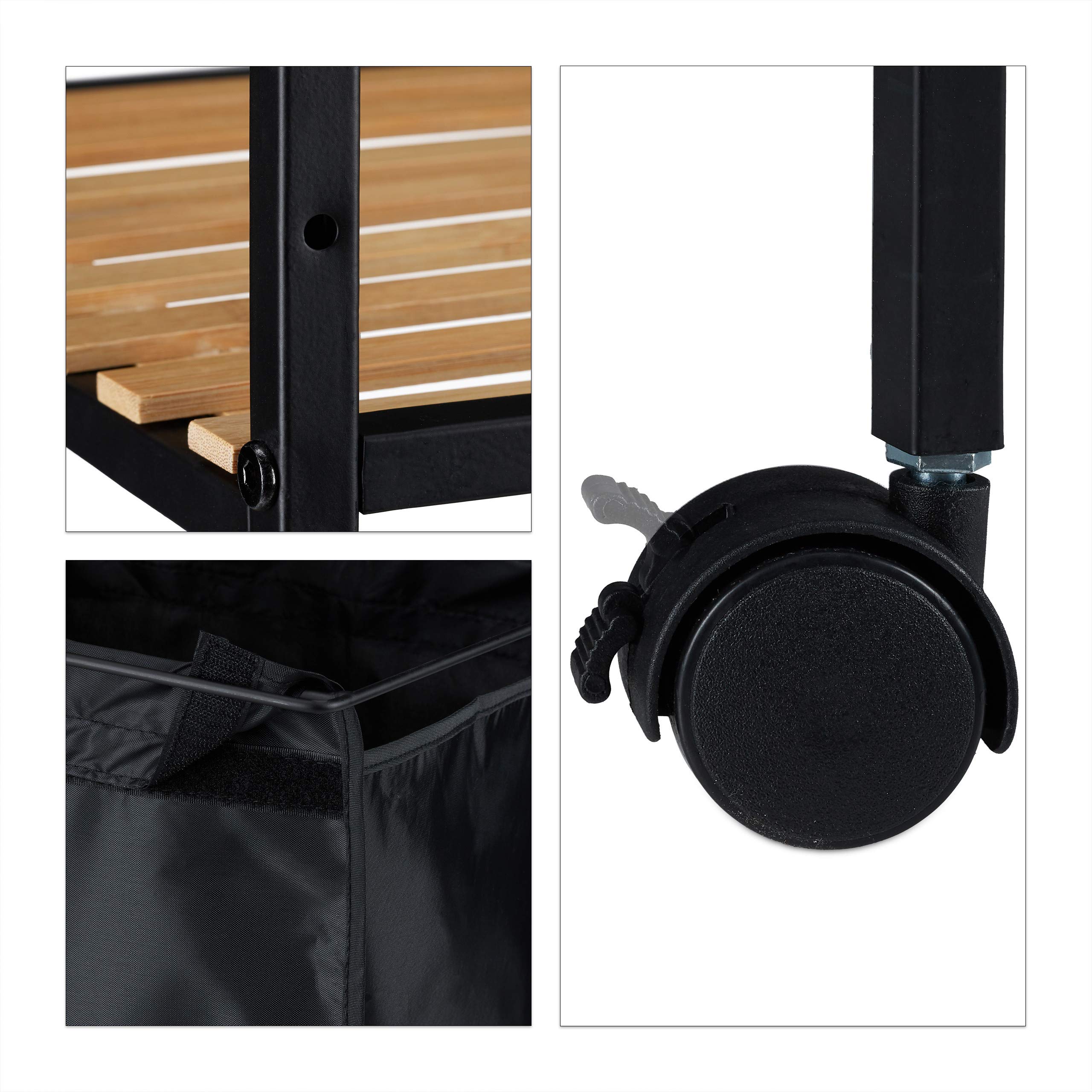 Relaxdays Etagère sur Roues pour Bain, 2 Supports, Meuble avec Sac lessive, en métal, Bambou HlP: 89,5 x 39 x 32,5 cm,