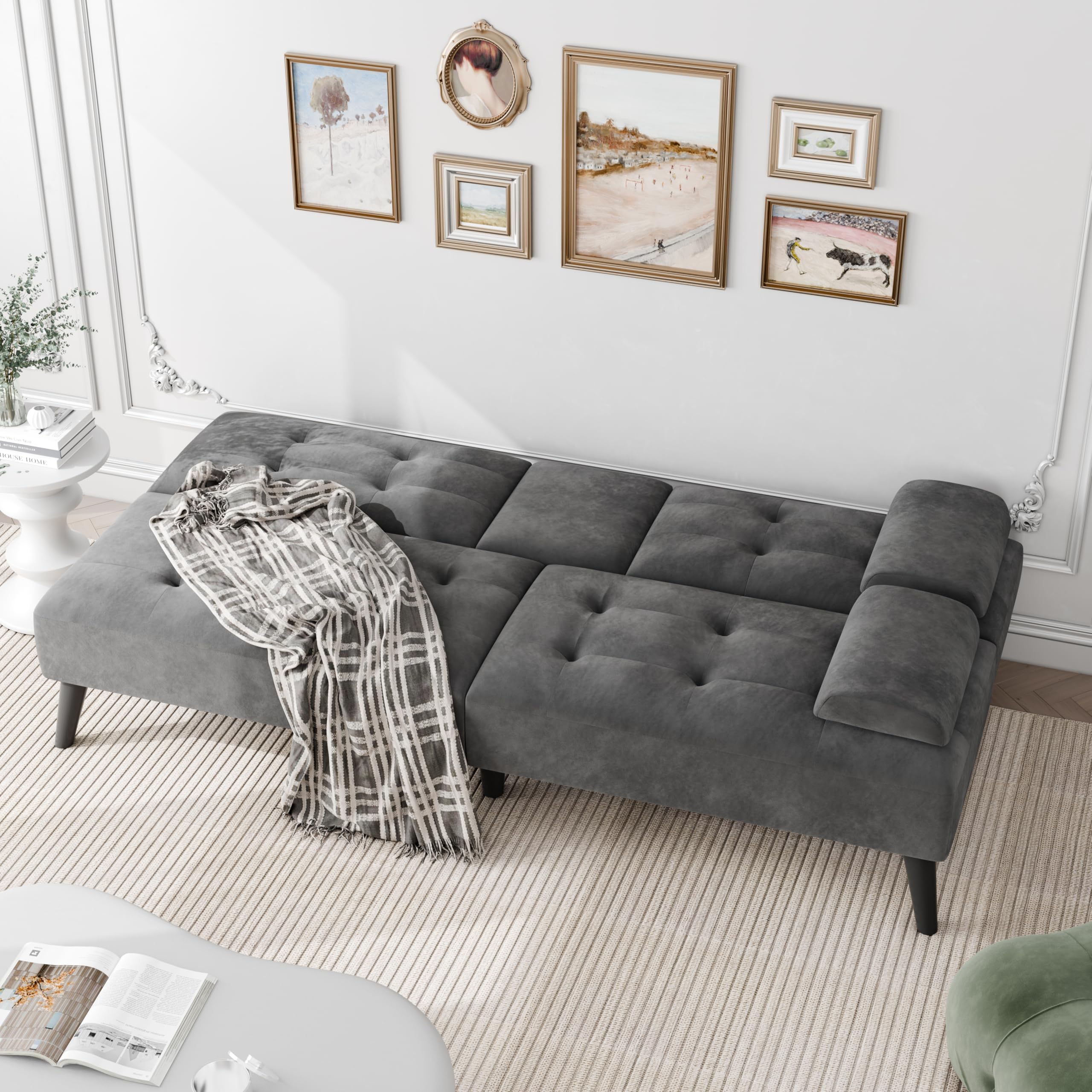 Futon Sofa Bed, 64" Small Futon Couch with Adjustable Backrest, 3-Angle Recliner, Detachable Armrests with Cup Holders for Small Spaces (Dark Grey Velvet)