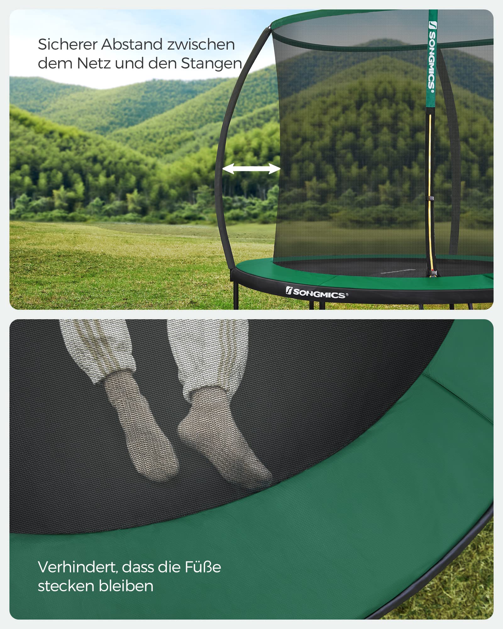SONGMICS Trampolin Outdoor Ø 244/305/366/427 cm, rundes Gartentrampolin Kindertrampolin mit Sicherheitsnetz, Randabdeckung, Leiter und gepolsterten Stangen