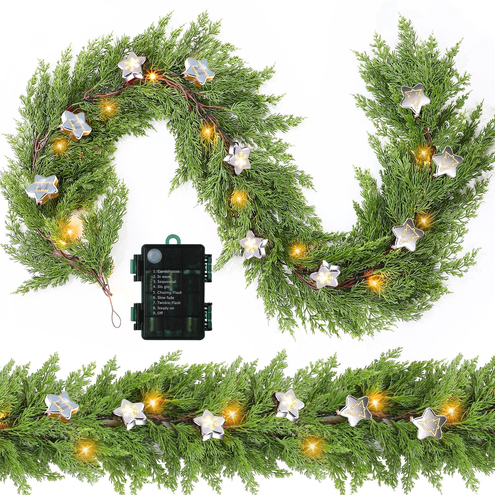 2 Pcs 6.2ft Prelit Realistic Christmas Cedar Garland with Star Lights Artificial Cypress Garland Battery Operated with Timer for Table Mantle Christmas Decor(Silver)