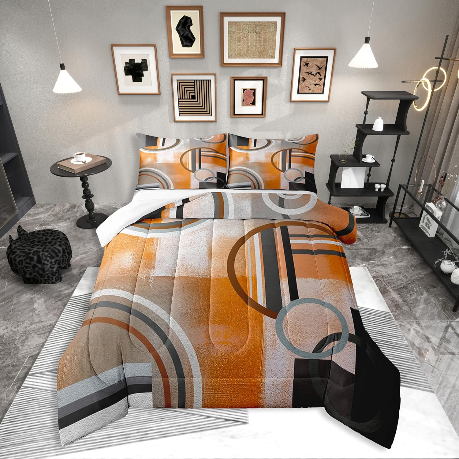 Burnt Orange Comforter Set Full 3 Piece,Geometric Black Gray Bedding,Watercolor Ombre Oil Painting Bedding Comforter Sets,Contemporary Minimalist Artwork Down Comforter,Soft Microfiber Duvet Insert