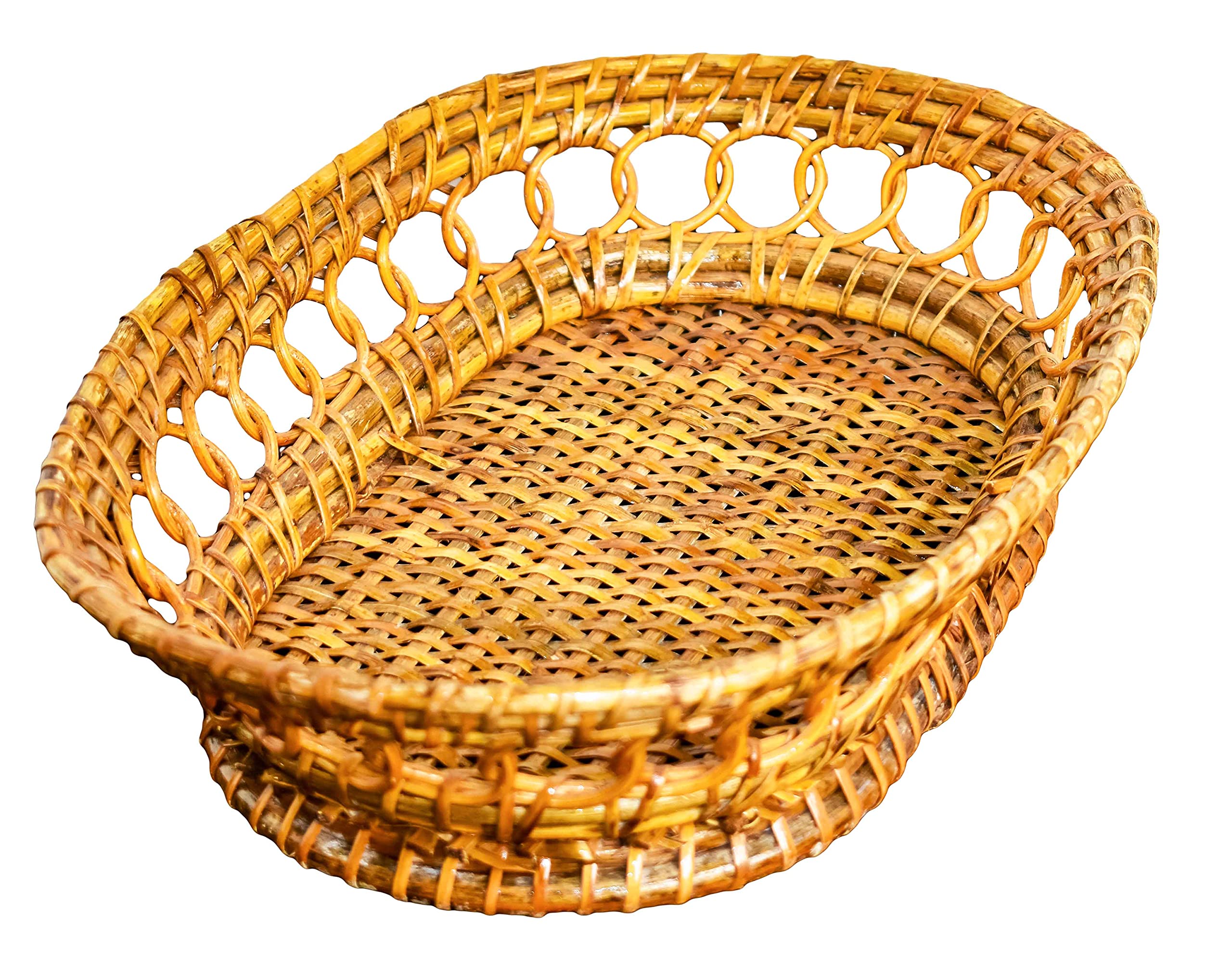 Bengal Handicrafts & Handlooms Decorated Cane Fruit & Roti Basket, Brown, 14 × 12 × 3 Inches