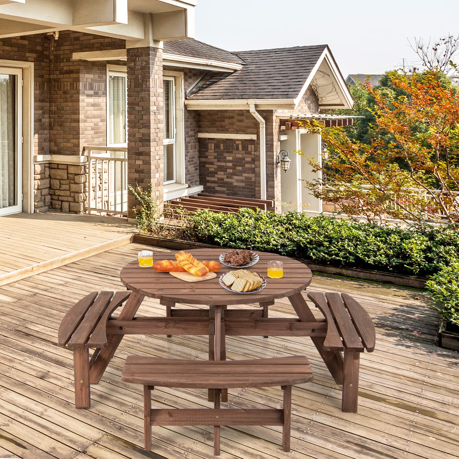 COSTWAY Set Tavolo da Giardino con 4 Panche Integrate, Legno Massiccio, con Foro Ombrellone, per 4-8 Persone, Tavolo Rotondo da Picnic per Esterno, Ogni Panca Porta 225 kg (Marrone, 178 x 178 x 70 cm)