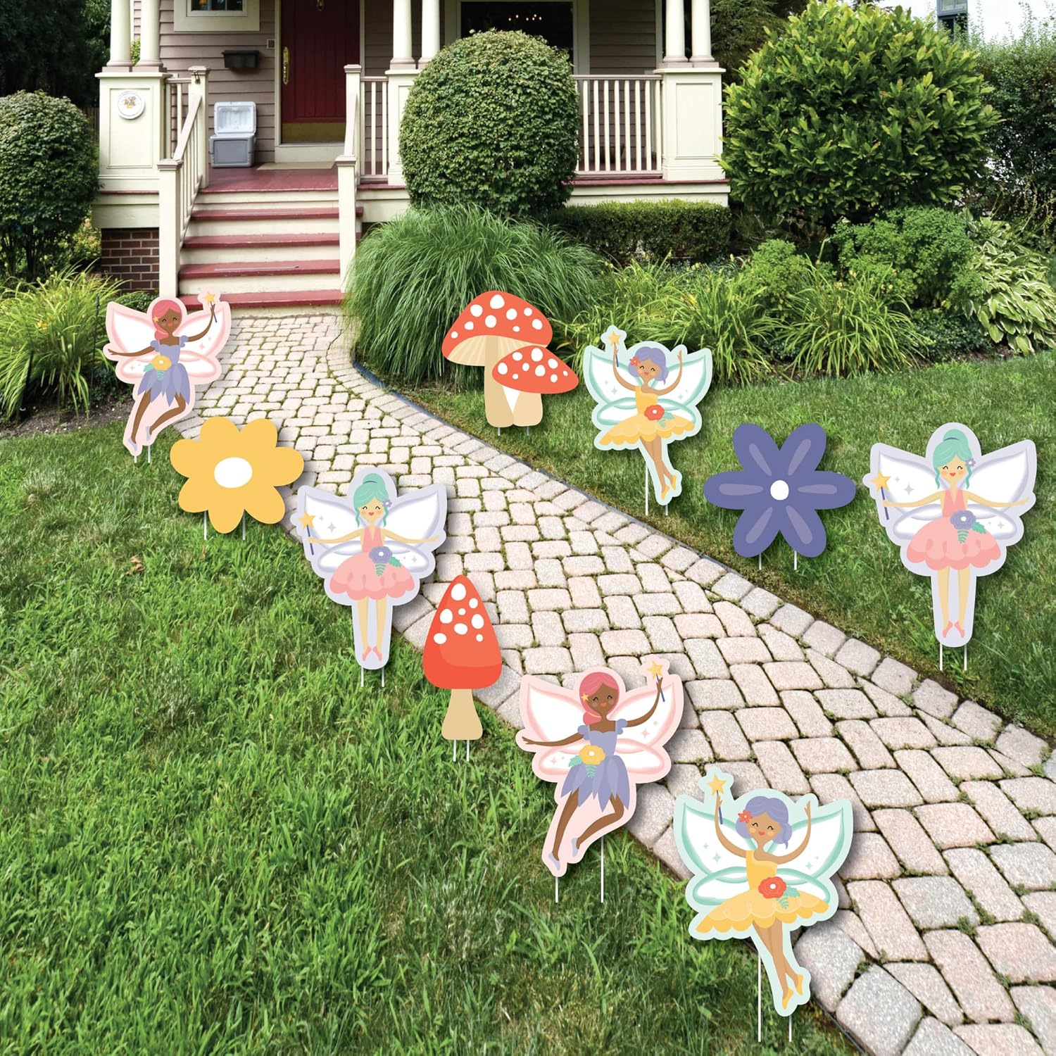 Big Dot of Happiness Let’s Be Fairies - Flowers and Mushrooms Lawn Decorations - Outdoor Fairy Garden Birthday Party Yard Decorations - 10 Piece