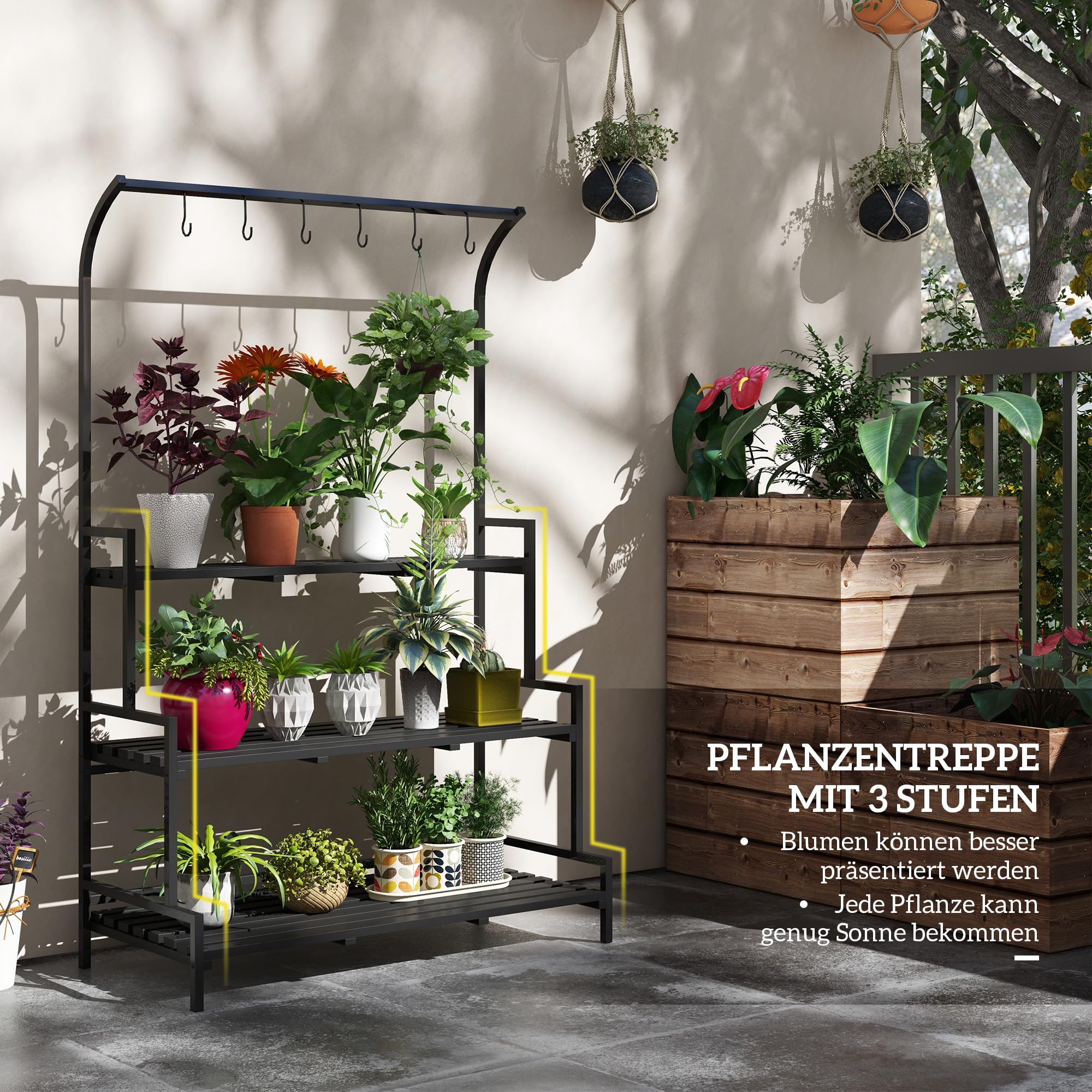 Outsunny Support pour plantes à 3 niveaux, étagère à fleurs avec 6 crochets, escalier pour plantes, étagère pour jardin, acier, noir, 110 x 50 x 170 cm