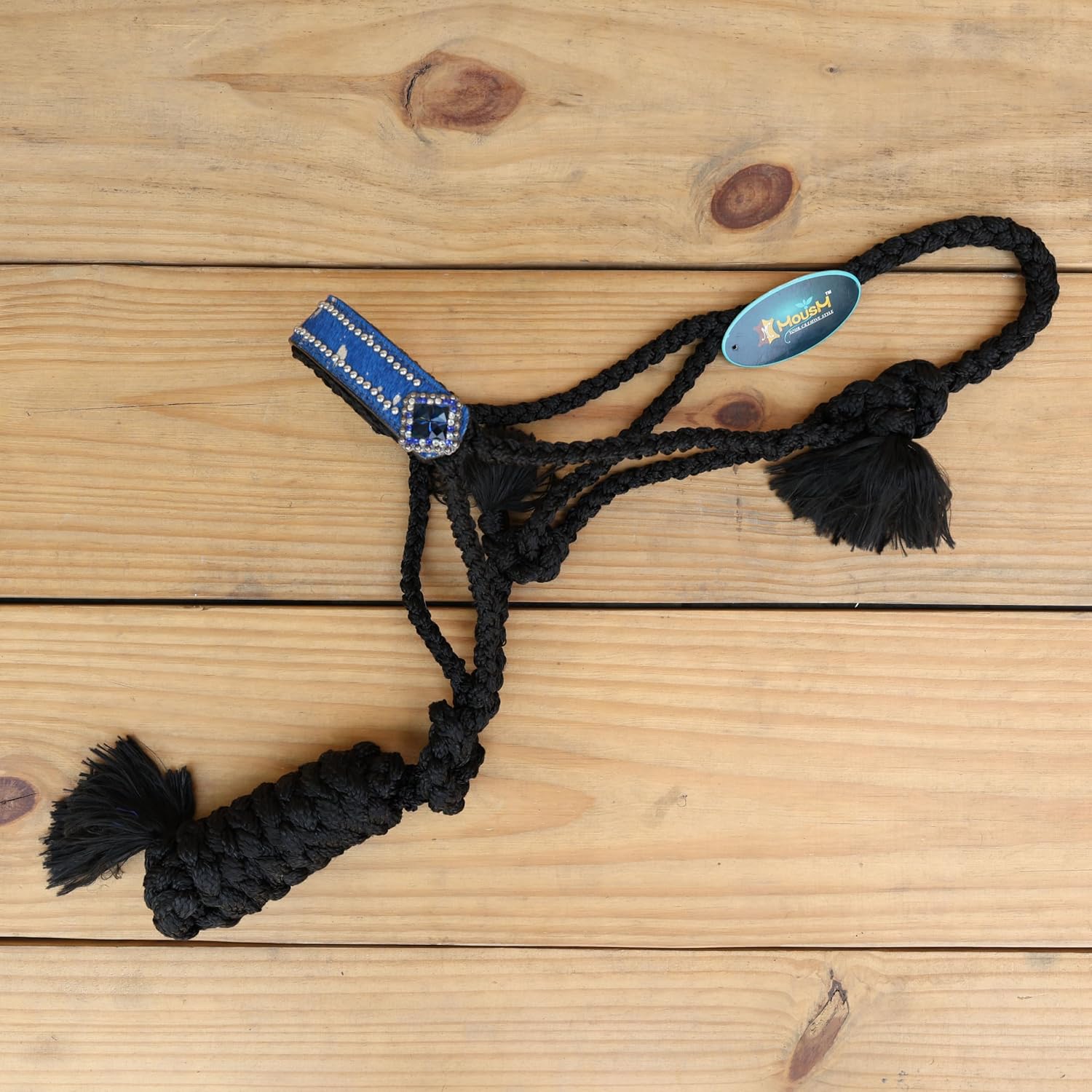 Nylon Mule Halters for Horses with Acid Wash Cowhide Noseband – 1.5” Wide with 7.5 Ft Lead Rope & Bling Conchos | Adjustable & Durable Western Training Halter