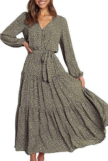 PRETTYGARDEN Womens Maxi Long Sleeve Boho Dresses 2023 Fall Causal V Neck Ruffle Tiered Chiffon Flowy Long Dress(Green,Medium)