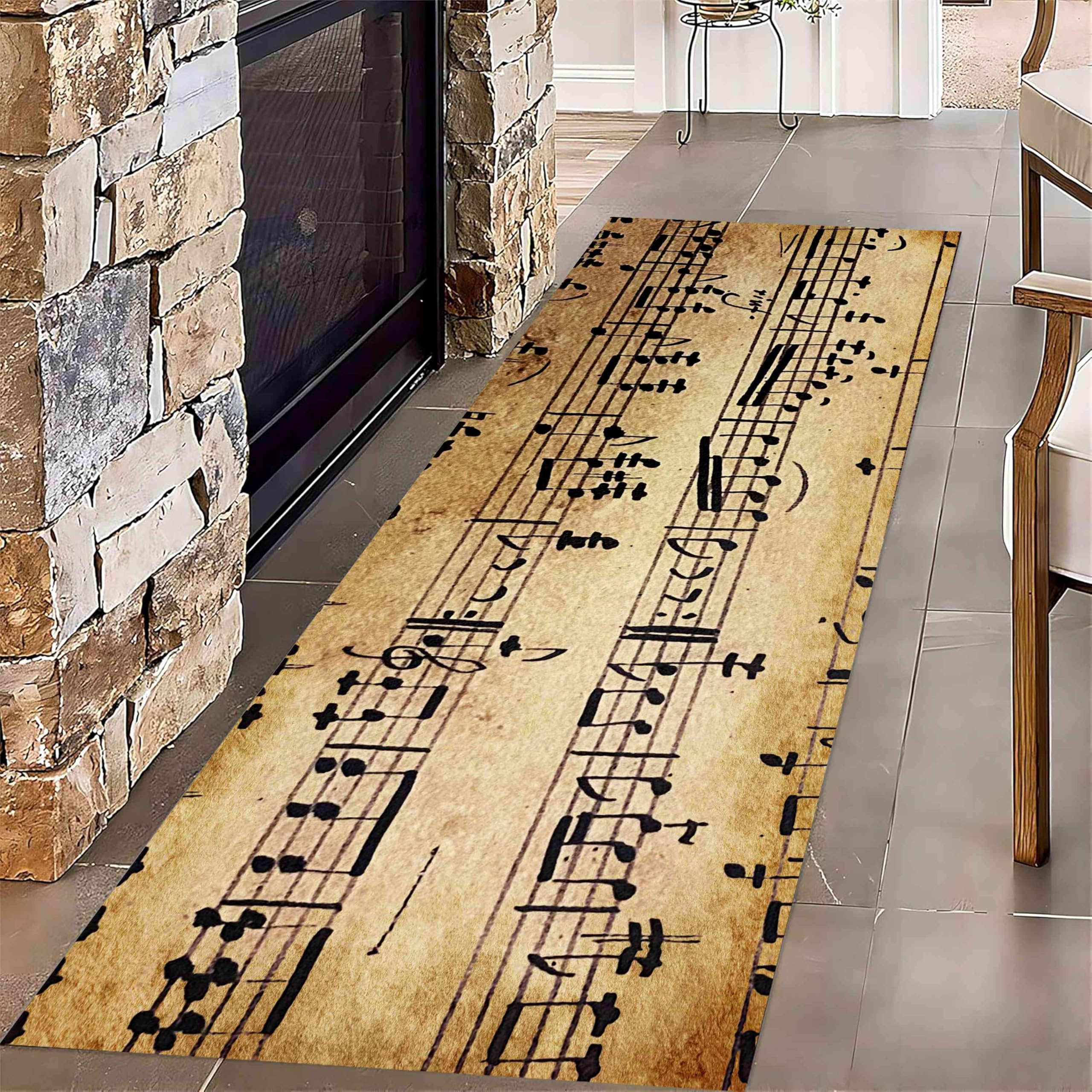 Musical Notes Hallway Runner Rug, 2x7ft Vintage Musical Notes Pattern Carpet, Washable Runner Carpet with Rubber Backing Non-Slip Floor Rug for Living
