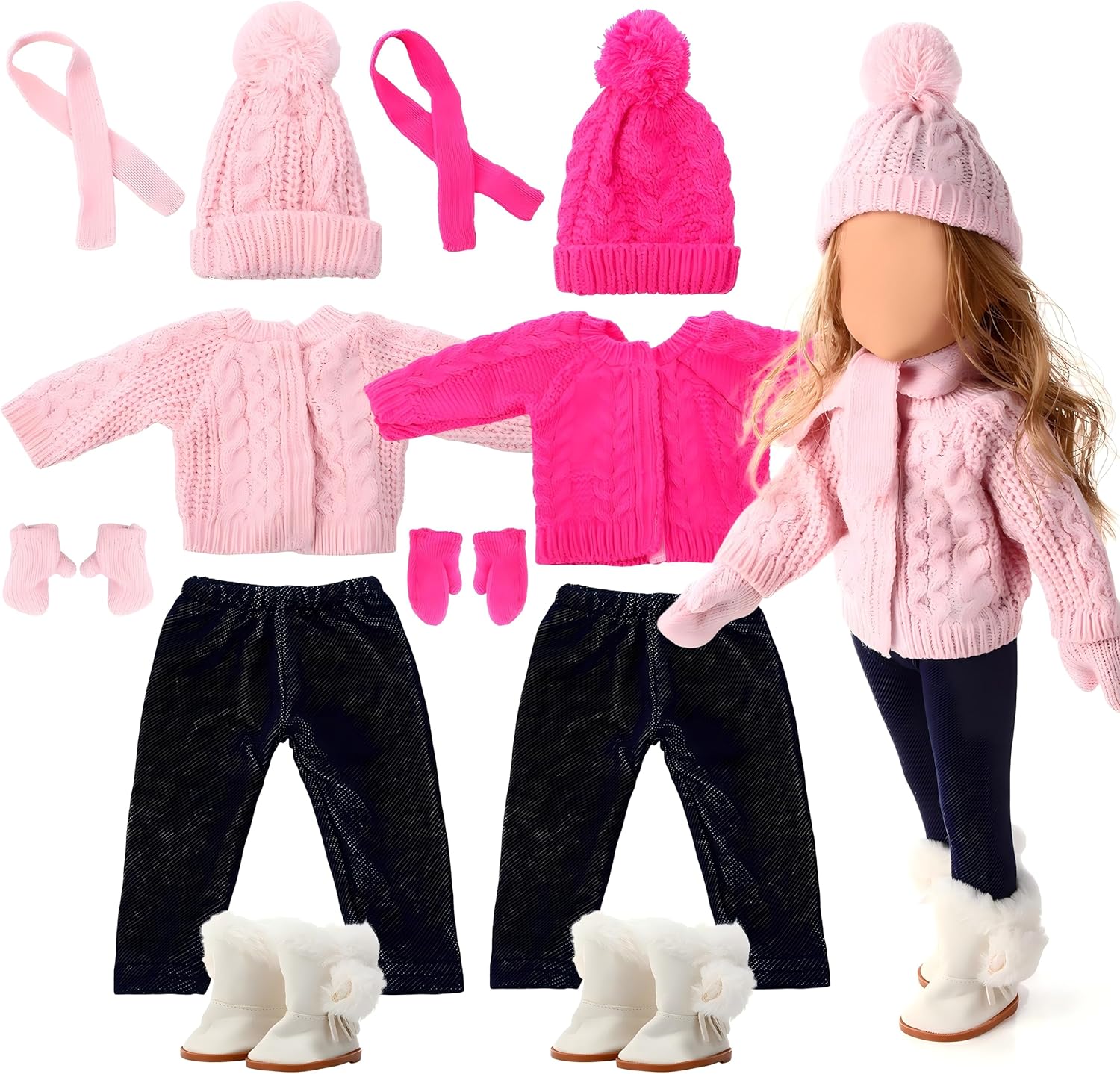 Gemscream 2 Set Christmas 18 Inch Doll Clothes Set for Girls Winter Cute Doll Outfits and Accessories Kit Include Sweater Pants Shoes Hat Gloves Scarf(Pink and Light Pink)