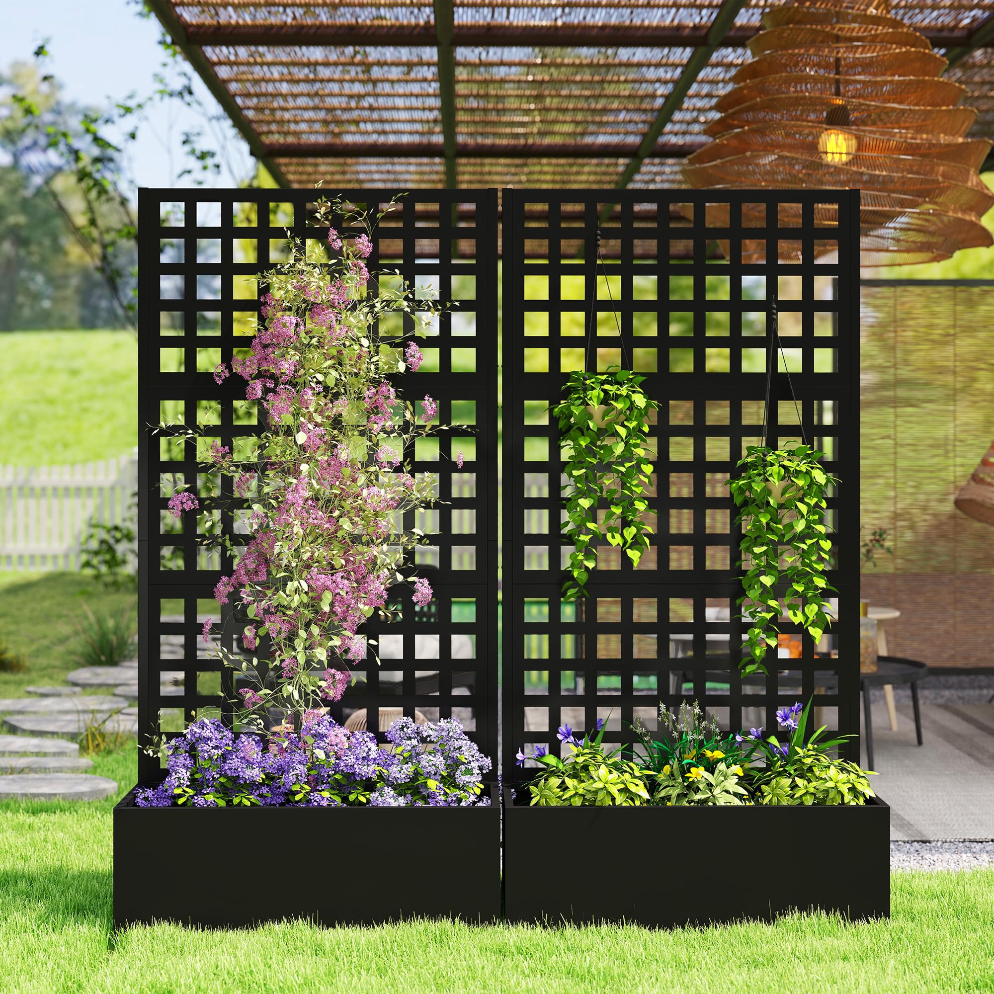 Outsunny Jardinière avec Treillis, Brise-Vue, lit surélevé de Jardin, jardinière extérieure en Acier galvanisée, pour Plantes grimpantes, bac à Fleurs pour Balcon terrasse Patio, 89x40x178cm, Noir