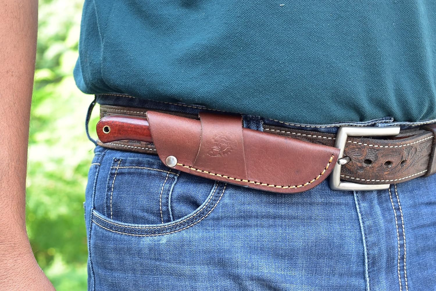 Knives Ranch 7” Fixed Blade EDC Knife with Sheath – Damascus Steel – Scarlet Red Burlap Micarta Handle - Horizontal Cowboy Cross draw Leather Sheath Snug Fit (3056-SCARLET)