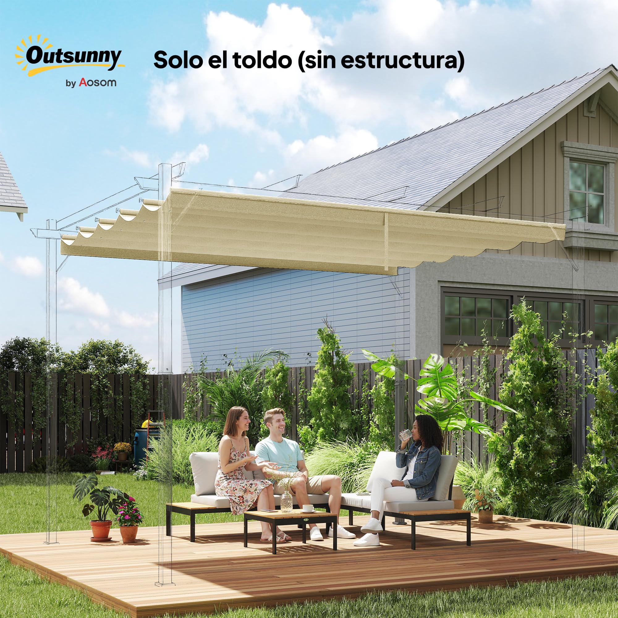 Outsunny Techo de Pérgola 3,5x2,6 m, Techo de Repuesto Retráctil para Marco de Pérgola de 4x3 m, UV30+, Toldo de Tela Solo para Cenador Jardín con 10 Orificios de Drenaje, Crema