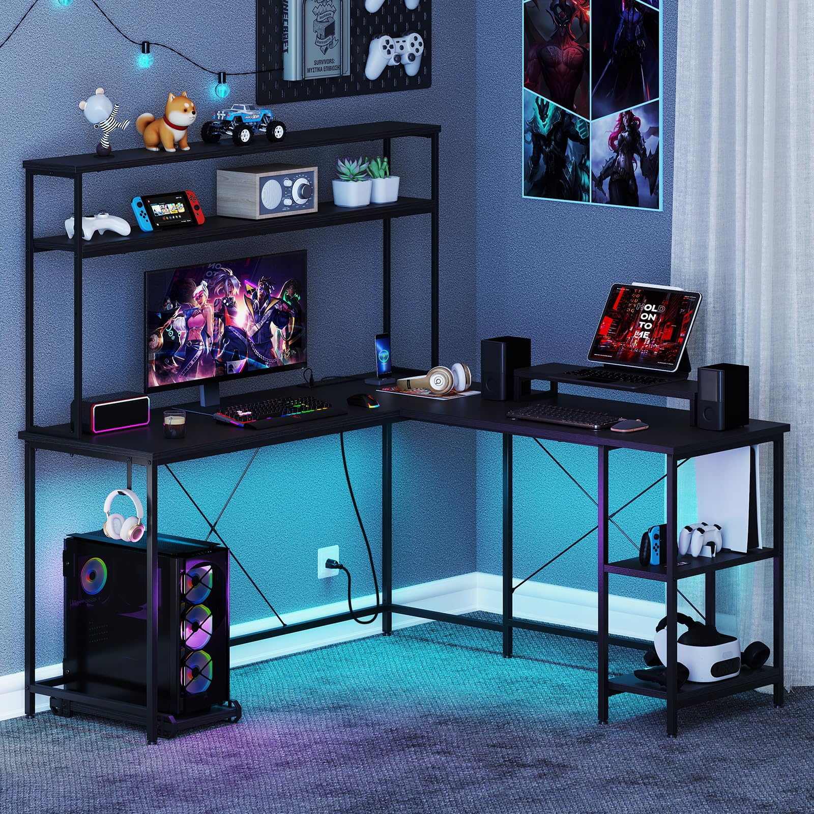 COSTWAY Escritorio Gaming en L con Luces y Enchufe, 145 x 145cm, Escritorio Esquinero Reversible con Estanterias, Soporte para Monitor, Mesa en L Grande para 2 Personas (Negro)