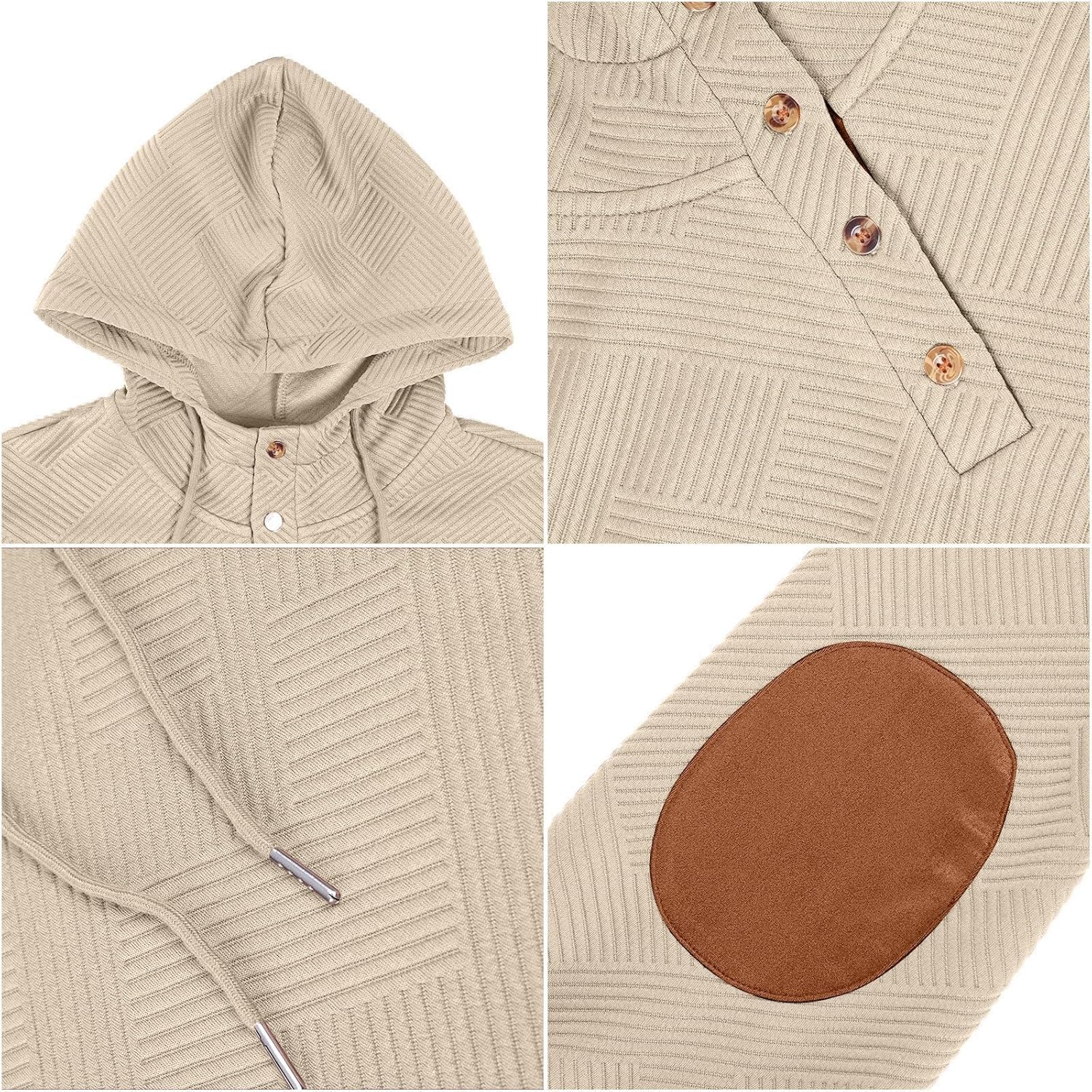 Mens Fashion Pullover Hoodies Long Sleeve Thermal Drawstring Button Texture Hooded Sweatshirt - Image 7