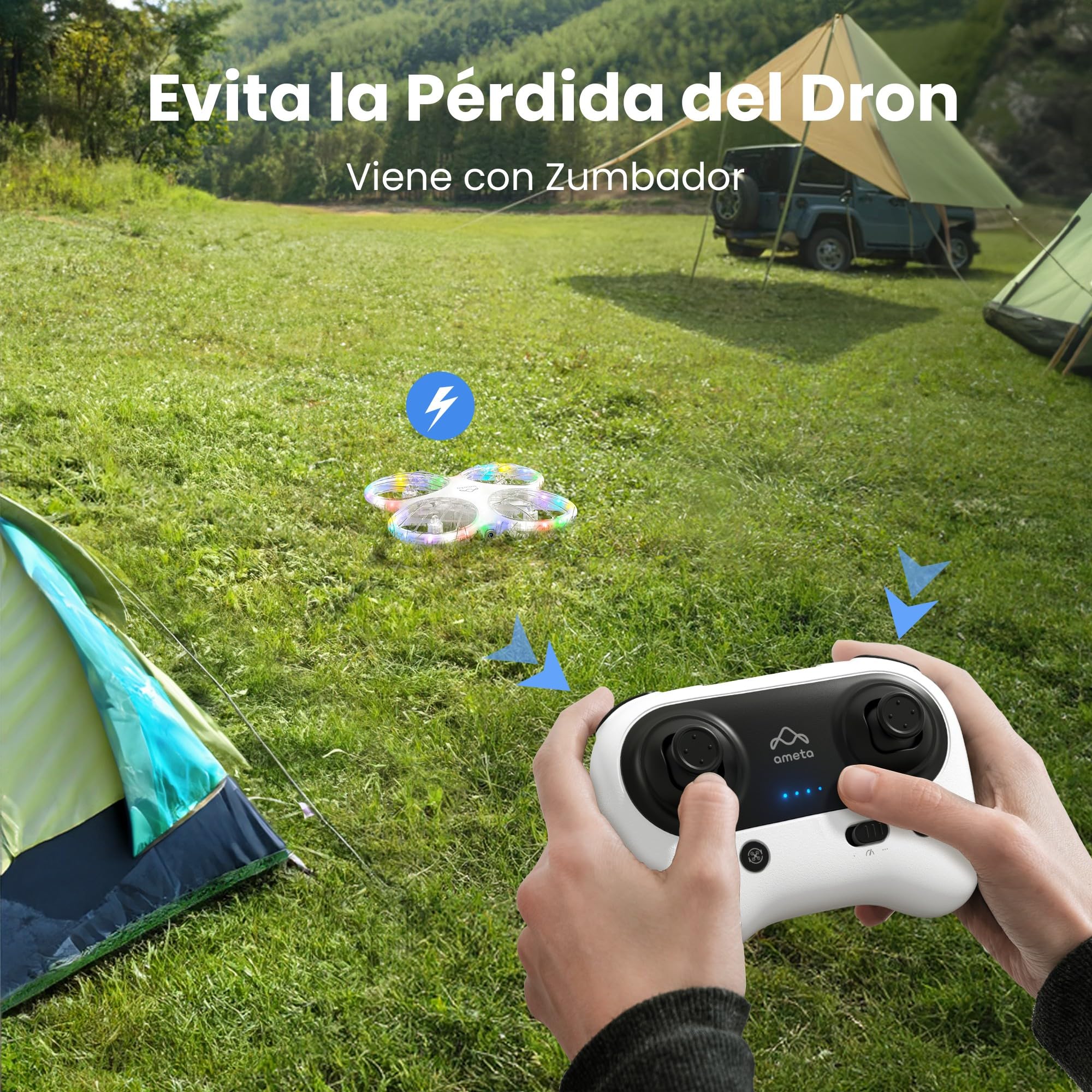 Ameta Morpho Dron para Niños con Camara 1080P, Mini Drone FPV con 32 Luces RGB/Vuelo en Círculo/ 3D Voltear/ 18min de Vuelo/Timbre Perdido, Juguetes Regalo para Niños Niñas, Menos de 250g