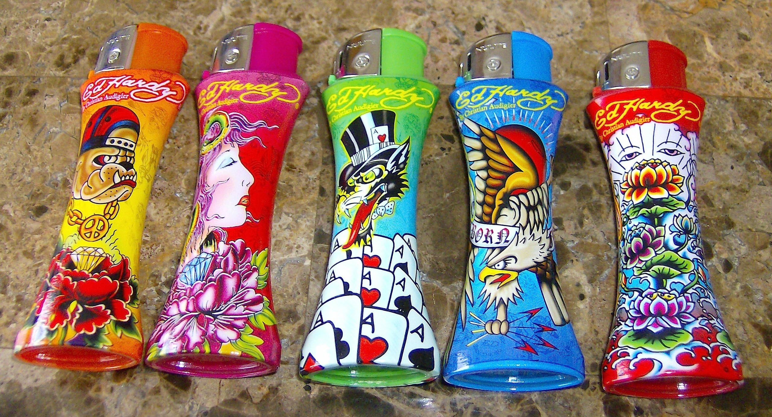 Ed Hardy Christian Audigier Curve Tattoo Lighters Series Lot of 5 Set # 3