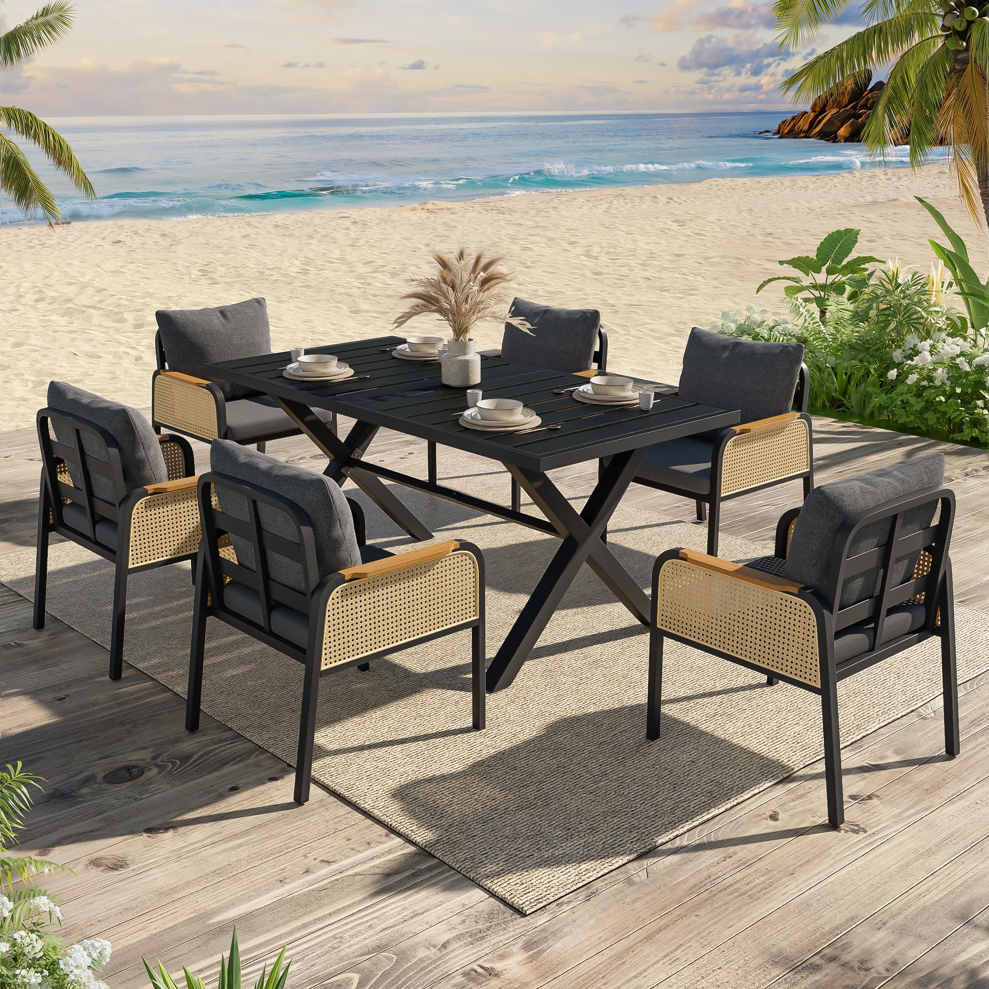 Conjunto de Jardin Exterior para 6 Personas, 7 Piezas, Set Muebles Jardin con 6 Sillones de Ratán y Mesa, Sillas con Cojines, Juego de Muebles de Jardín para Terraza Patio (Negro + Natural)