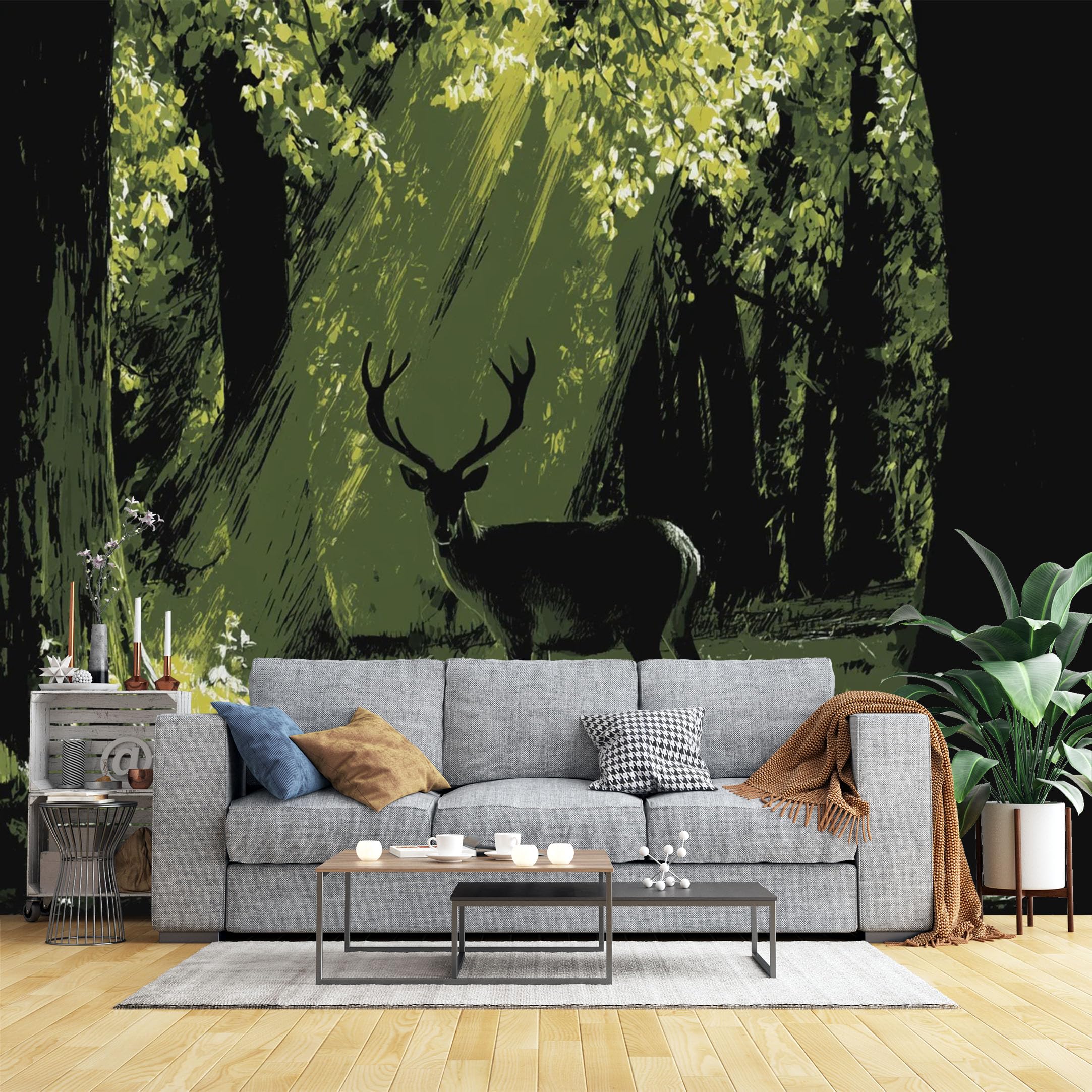 Custom Size Wall Murals Deer in Sunlit Forest Wall Murals Nature Painting Wallpaper, Realistic Self-Adhesive Removable Wallpaper for Living Room