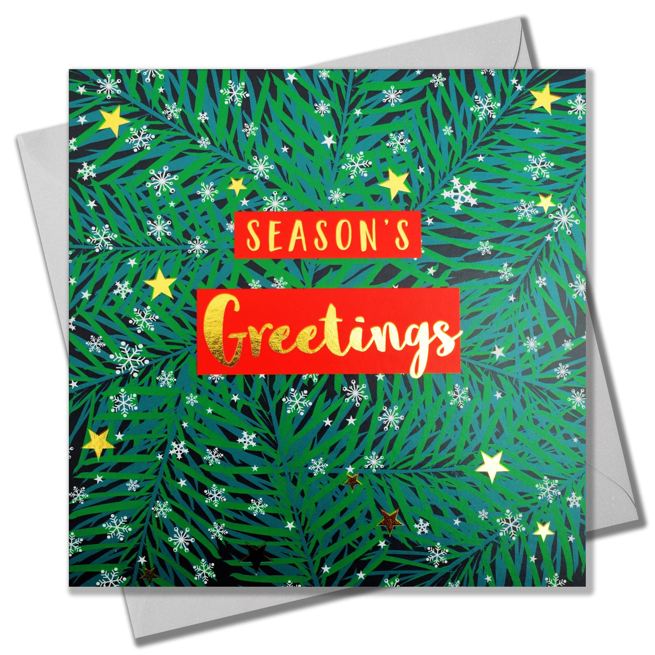 Claire Giles Greeting Cards, Happy Christmas Card, Seasons Greetings Wreath design xmas Greeting Card, Text Foiled in Shiny Gold