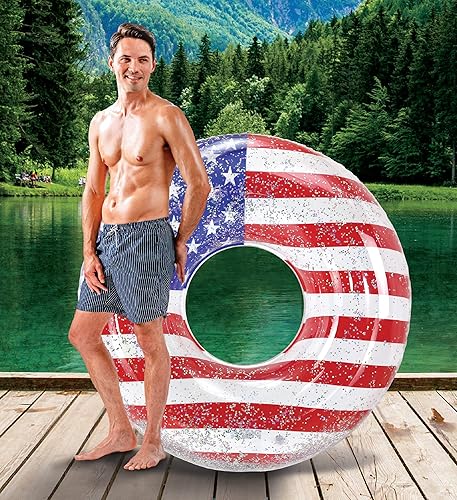 Miniatura 5 de POZA Flotador inflable de piscina de Estados Unidos  Lujosa tumbona divertida llena de confeti de estrellas plateadas brillantes, diseño de bandera
