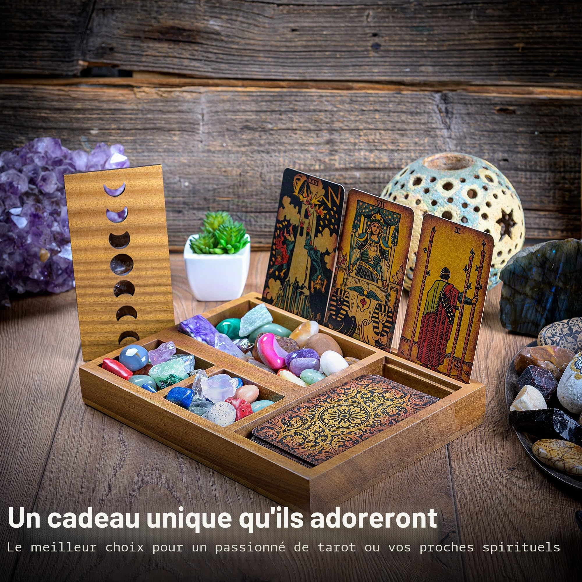 Boîte de rangement pour cartes de tarot avec 3 lectures immersives, support de cartes de tarot et support en cristal Design phase de lune Support de plateau de tarot et plateau en cristal