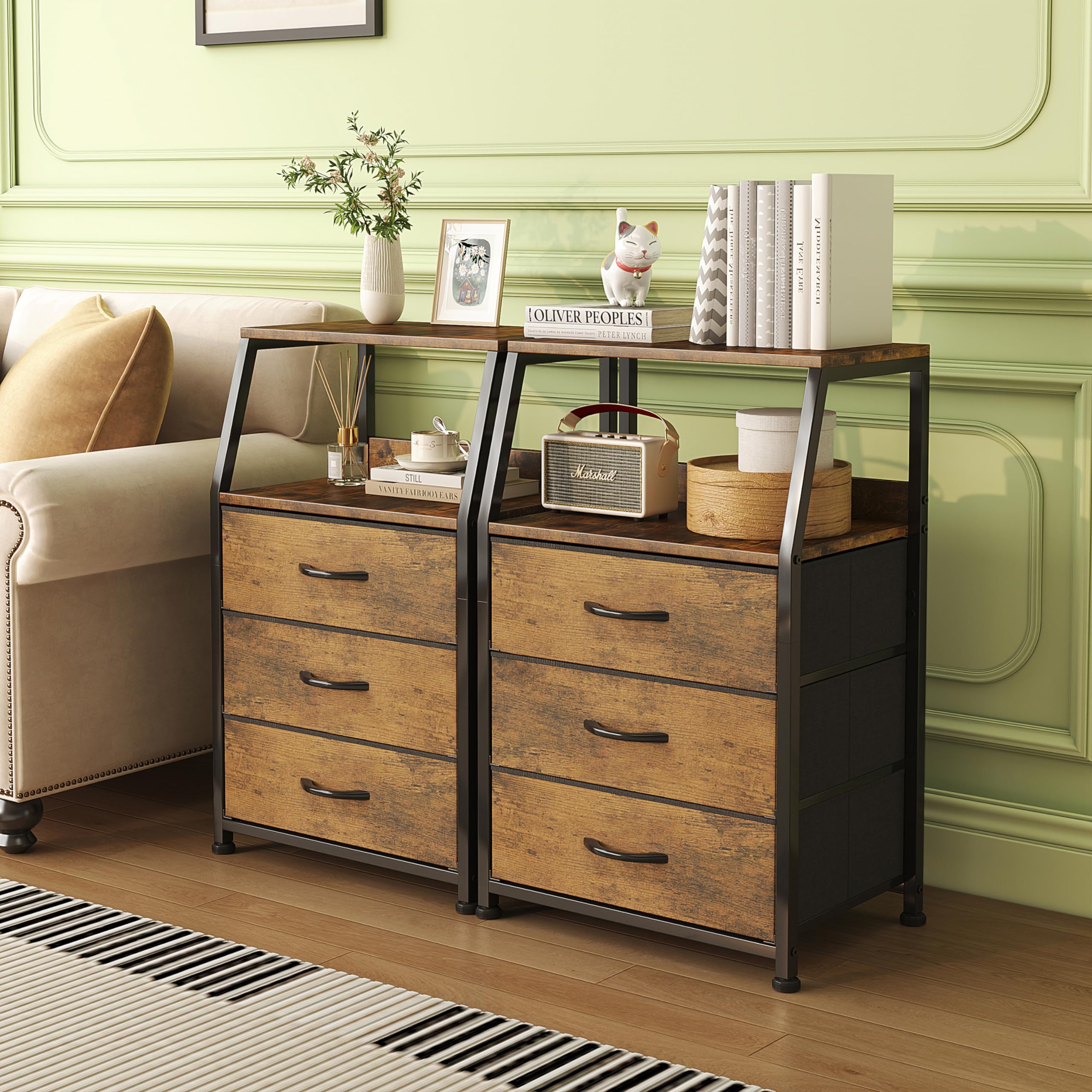 CAIYUN Cómoda, mesita de noche, mesa auxiliar, cómoda con 3 cajones, cómoda para dormitorio, armario, armario de almacenamiento Fácil de montar, estable (Marrón rústico, 3 capas)