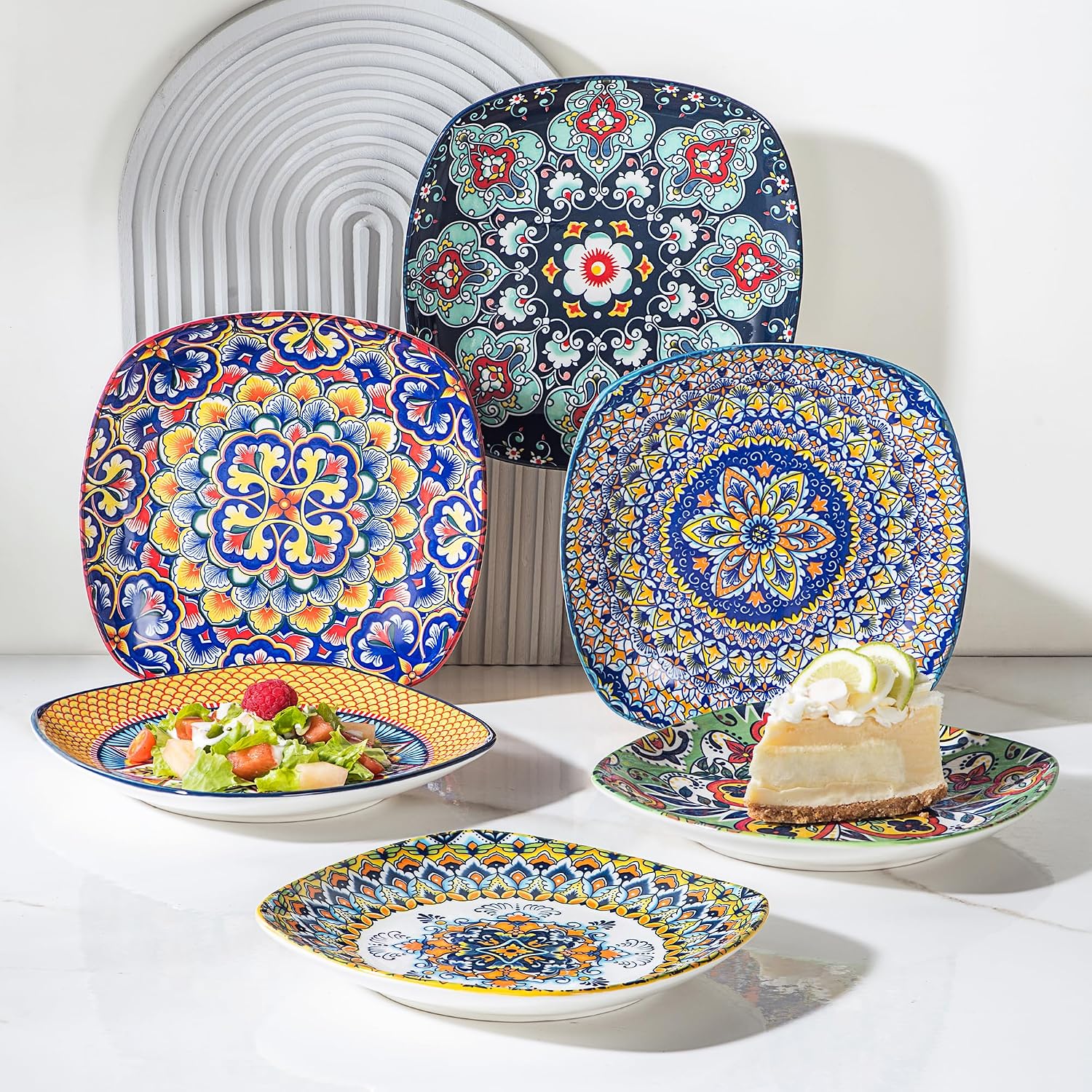 Boho Ceramic Dessert Plates Set of 6, 7.3 Inch Square Appetizer Plates